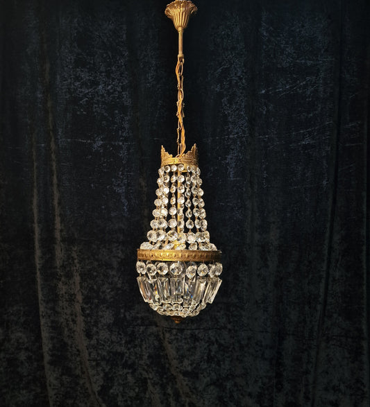 Stunning Antique French 1 Light Brass & Crystal Montgolfiere Chandelier Light
