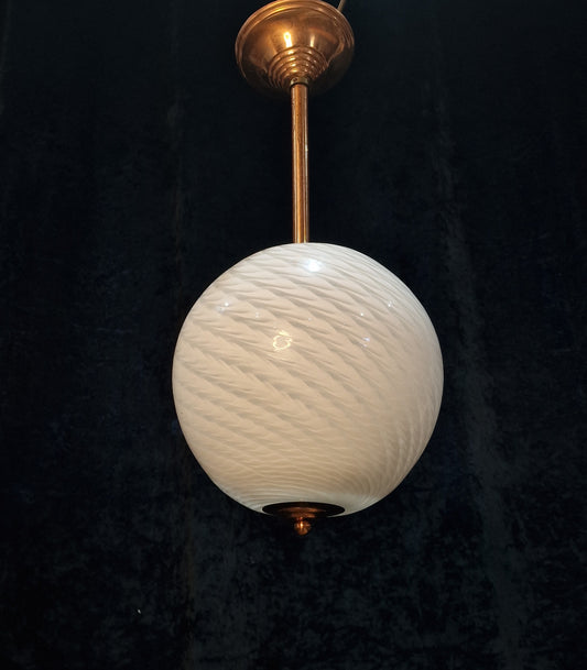 Unusual Art Deco Copper French 1 Light Pendant Bowl Swirl Glass Shade Light