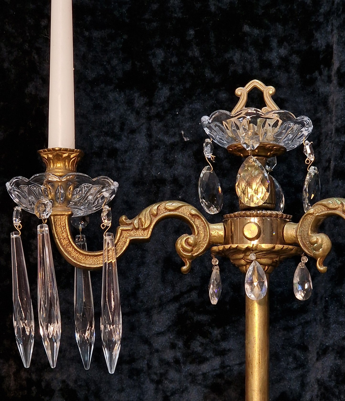 Decorative Pair of Tall Antique French 2 Arm Brass & Crystal Candle Candelabras