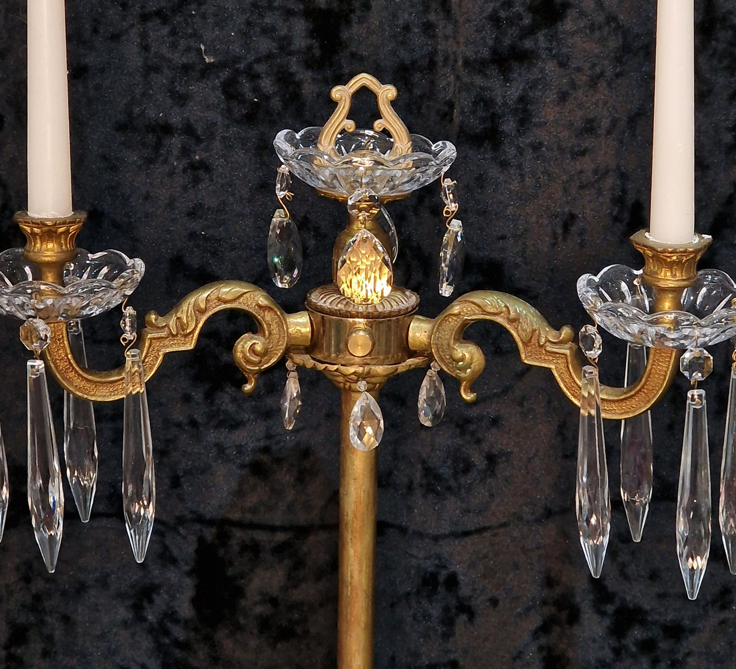 Decorative Pair of Tall Antique French 2 Arm Brass & Crystal Candle Candelabras