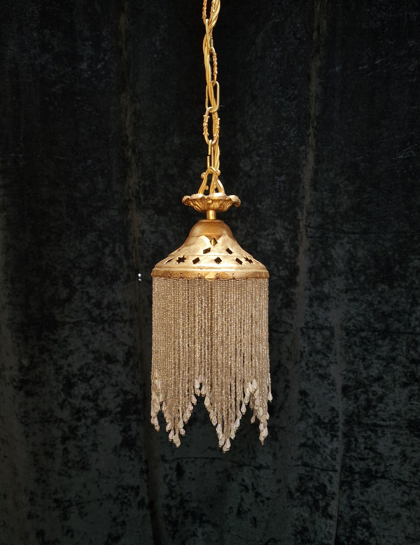 Lovely Vintage 1 Light Glass Beaded Gilded Brass Pendant Light Chandelier