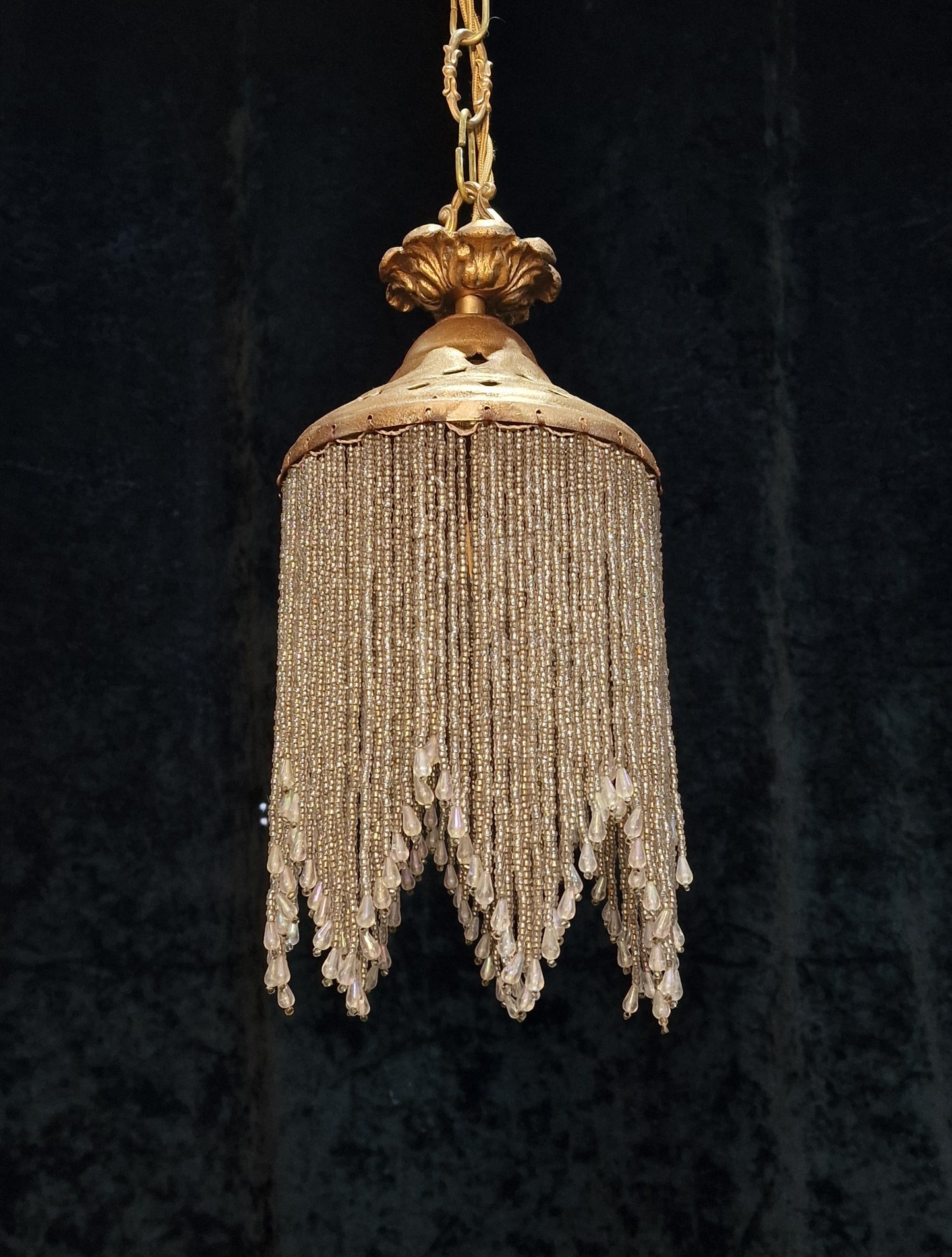 Lovely Vintage 1 Light Glass Beaded Gilded Brass Pendant Light Chandelier
