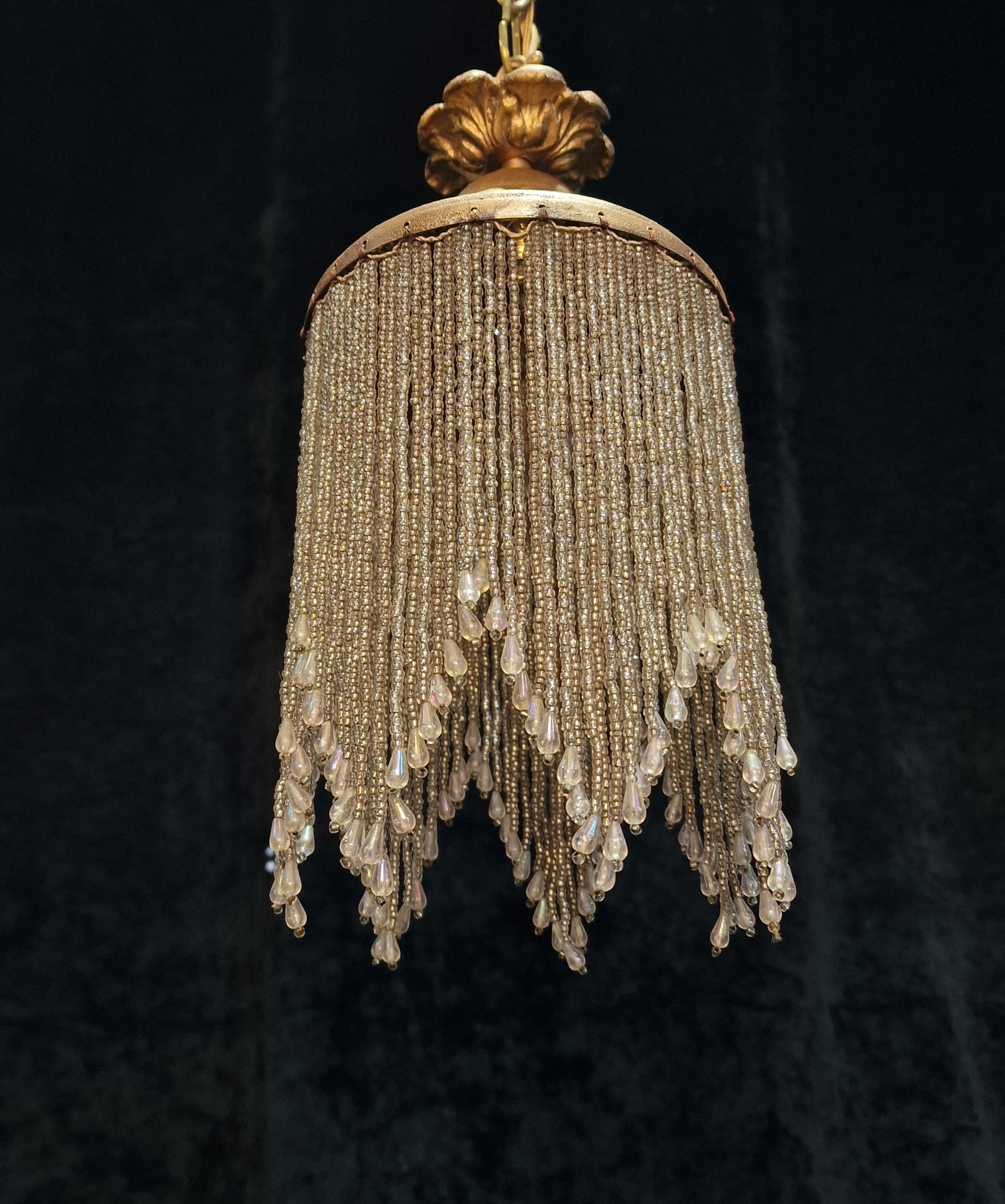 Lovely Vintage 1 Light Glass Beaded Gilded Brass Pendant Light Chandelier