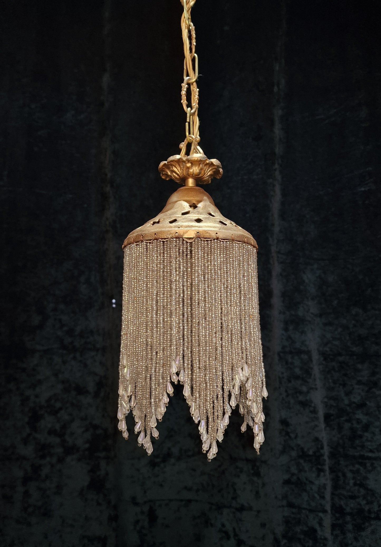 Lovely Vintage 1 Light Glass Beaded Gilded Brass Pendant Light Chandelier
