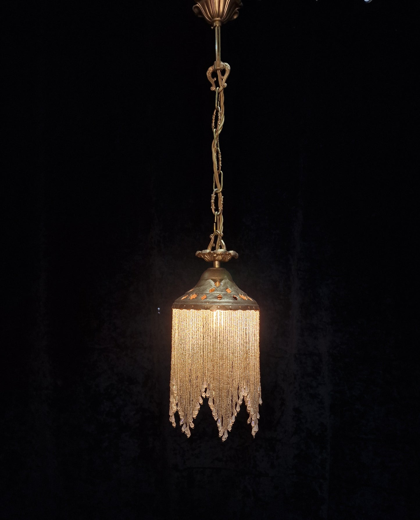 Lovely Vintage 1 Light Glass Beaded Gilded Brass Pendant Light Chandelier