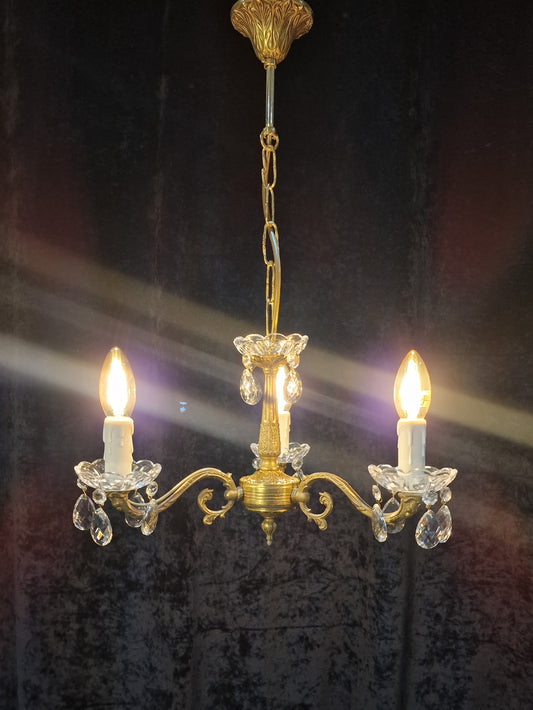 Lovely Vintage French 3 Arm Brass Crystal Chandelier Ceiling Light