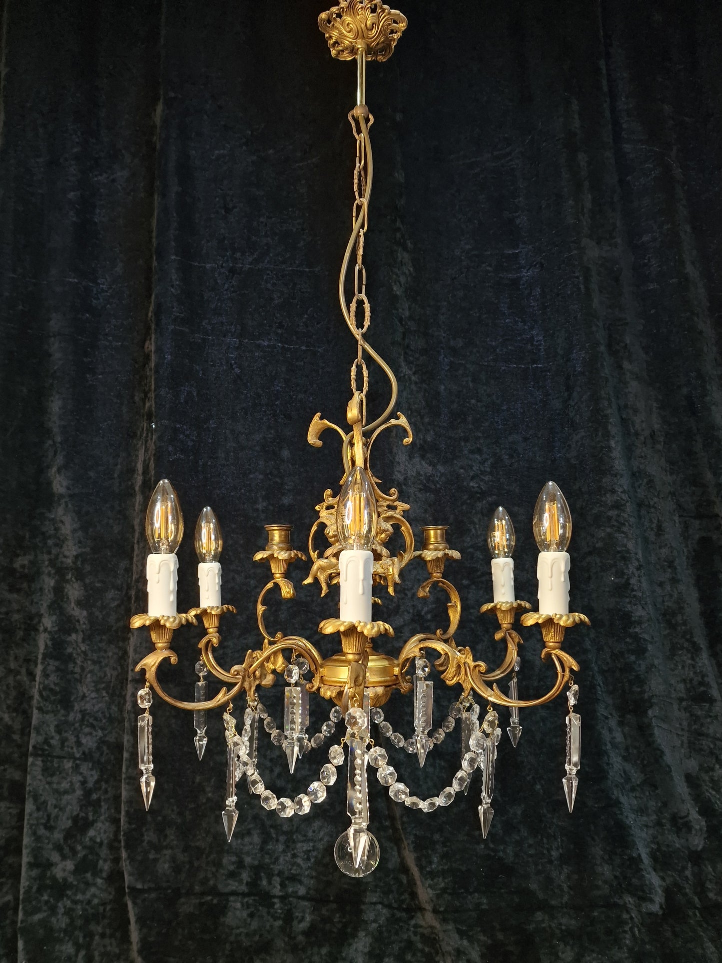 Beautiful Solid Brass Vintage French 6 Light 3 Candle Cherub Chandelier Light