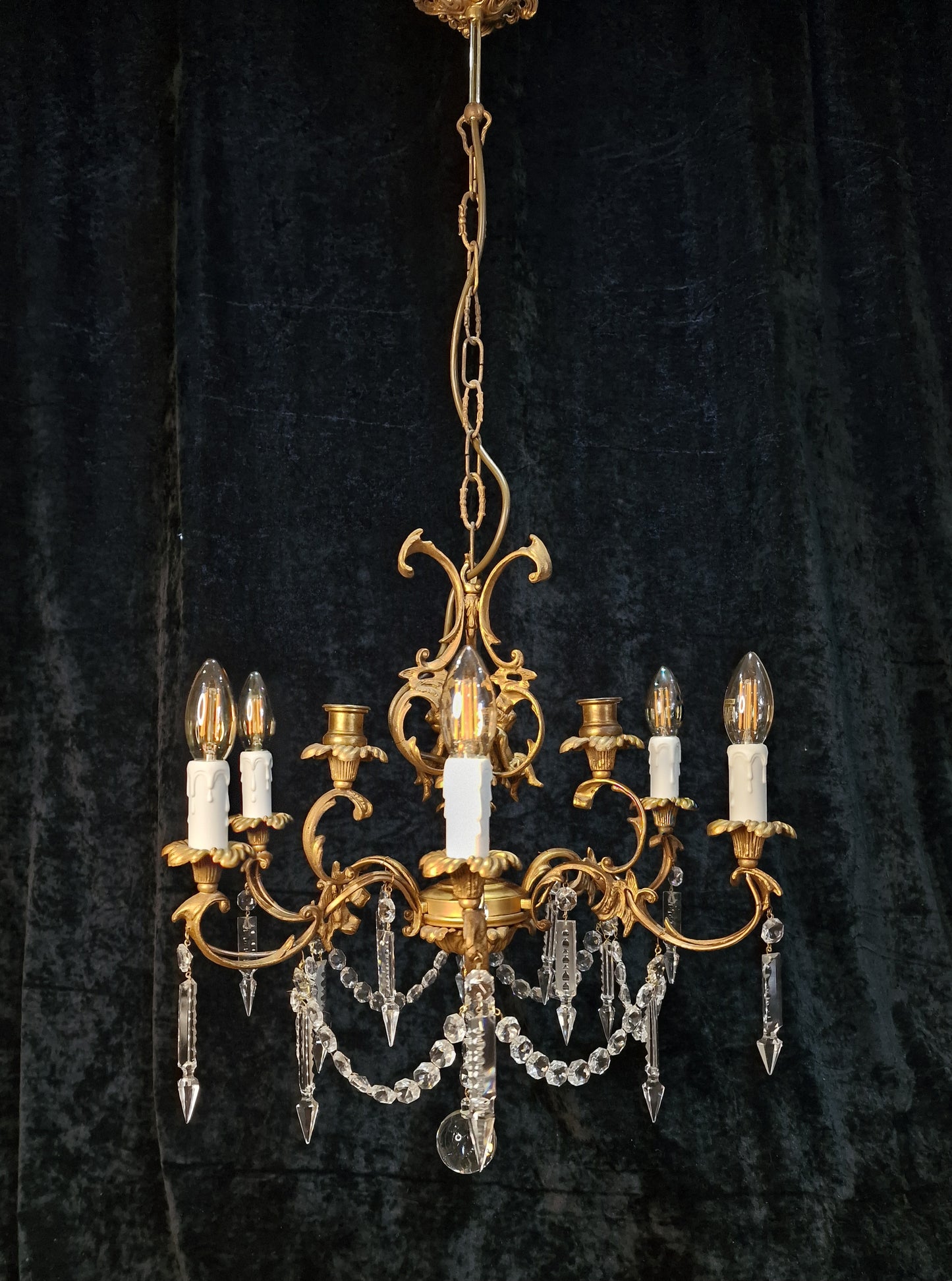 Beautiful Solid Brass Vintage French 6 Light 3 Candle Cherub Chandelier Light