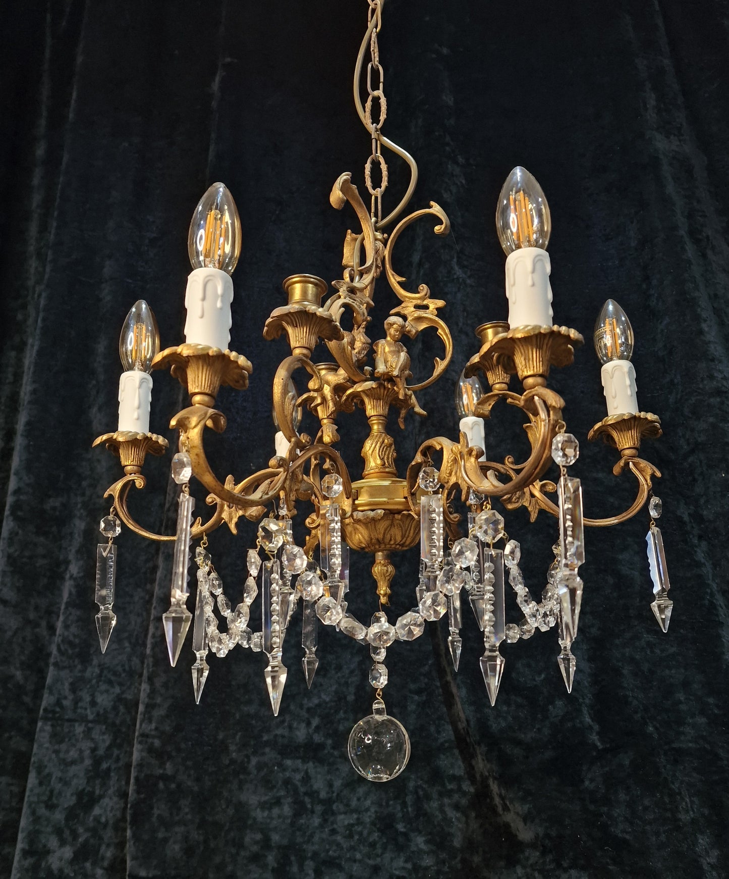 Beautiful Solid Brass Vintage French 6 Light 3 Candle Cherub Chandelier Light