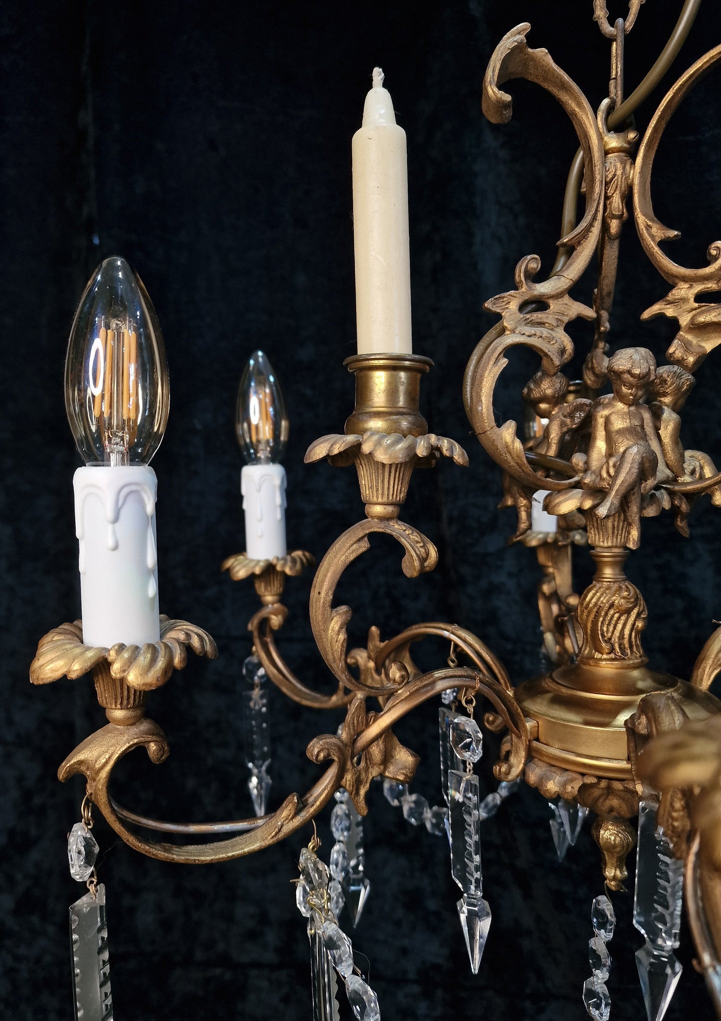 Beautiful Solid Brass Vintage French 6 Light 3 Candle Cherub Chandelier Light
