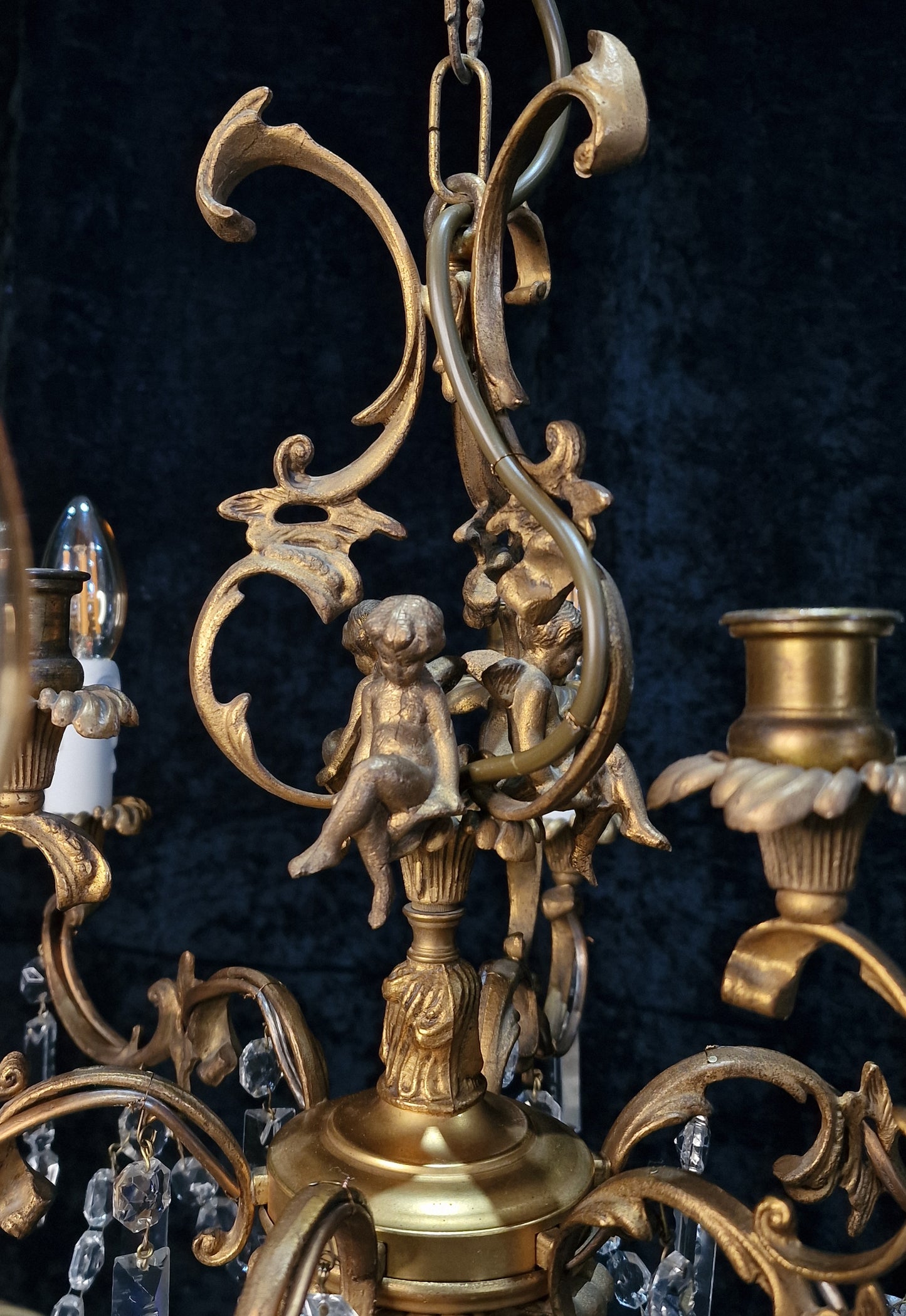 Beautiful Solid Brass Vintage French 6 Light 3 Candle Cherub Chandelier Light