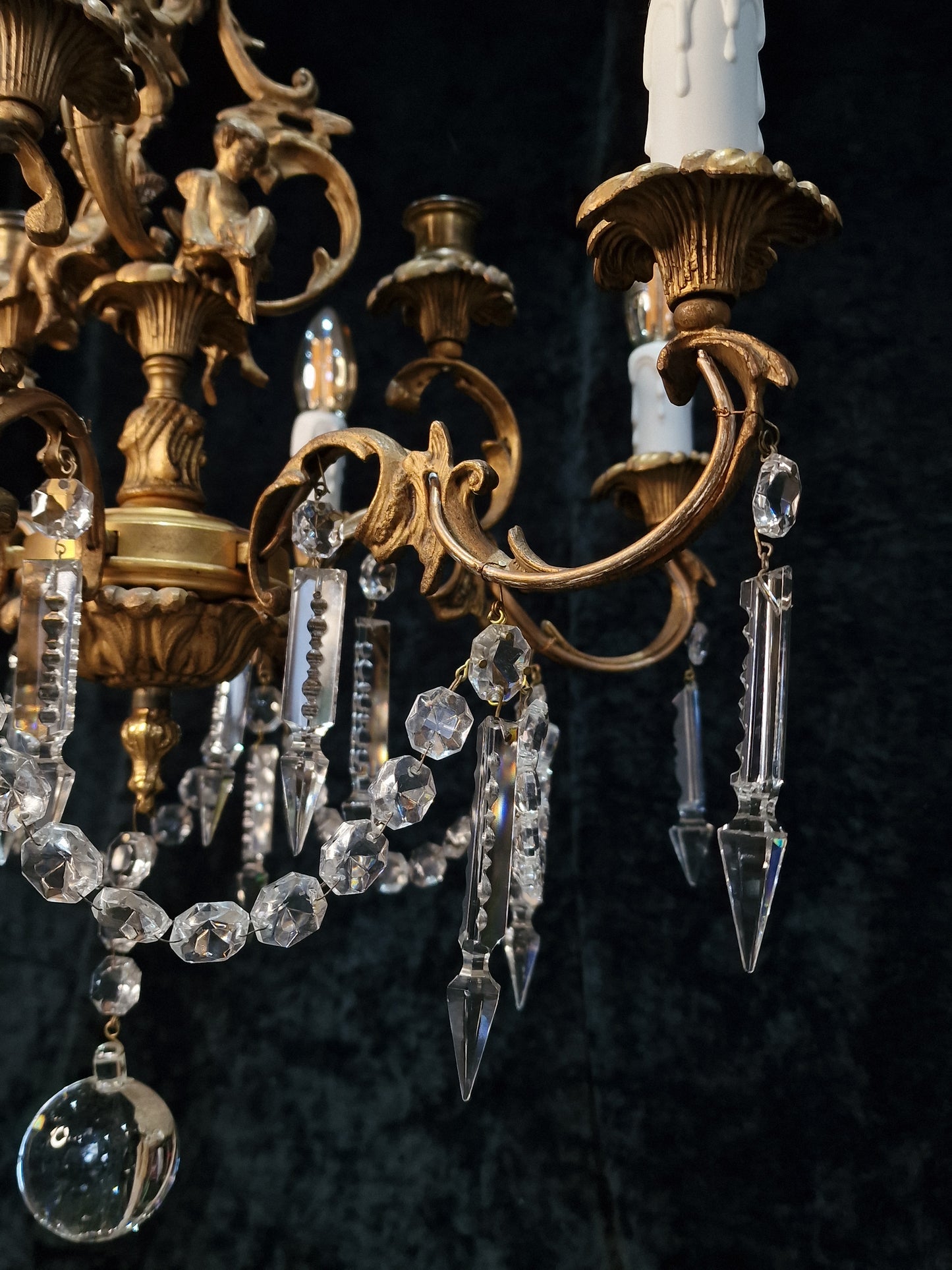 Beautiful Solid Brass Vintage French 6 Light 3 Candle Cherub Chandelier Light