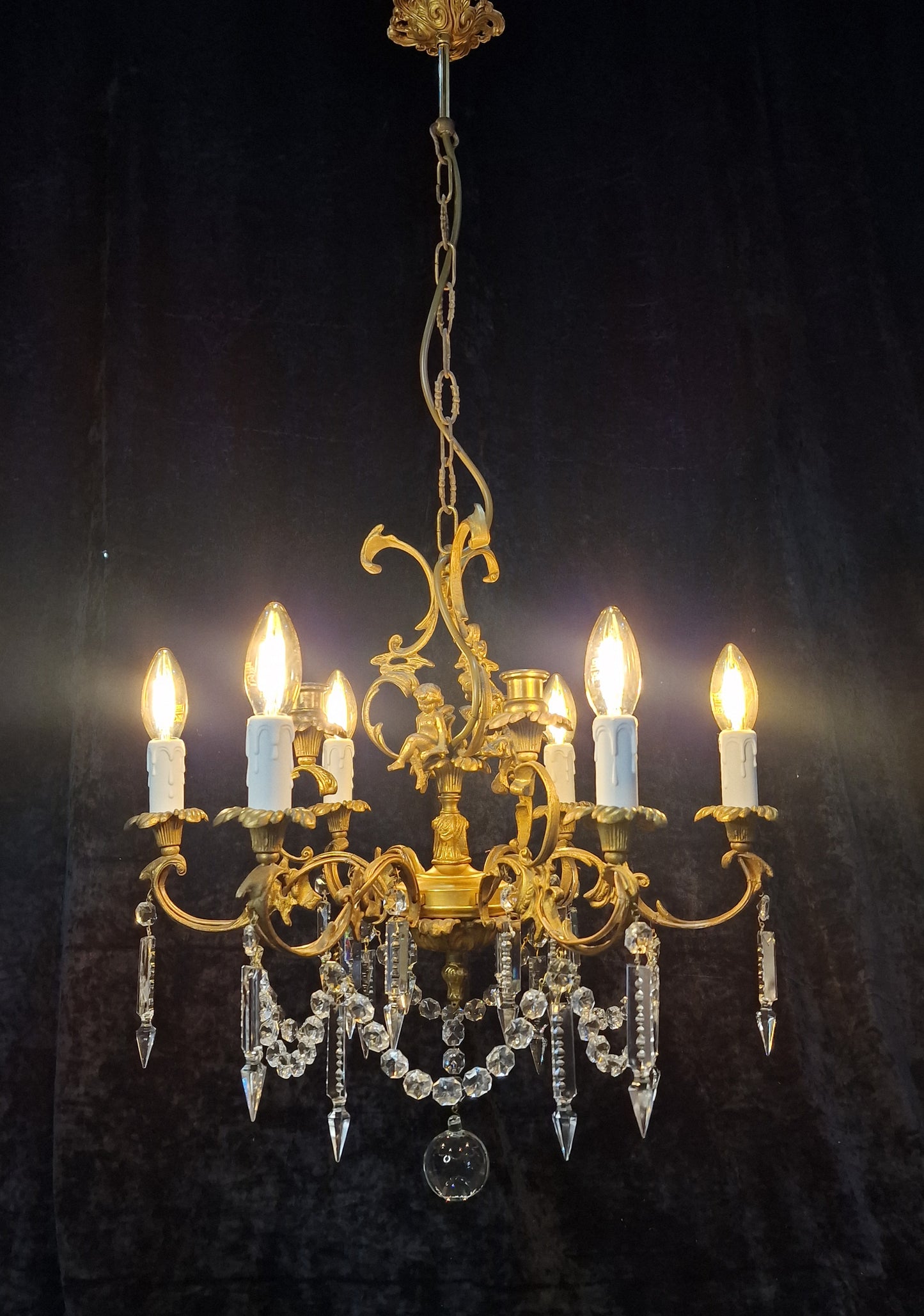 Beautiful Solid Brass Vintage French 6 Light 3 Candle Cherub Chandelier Light
