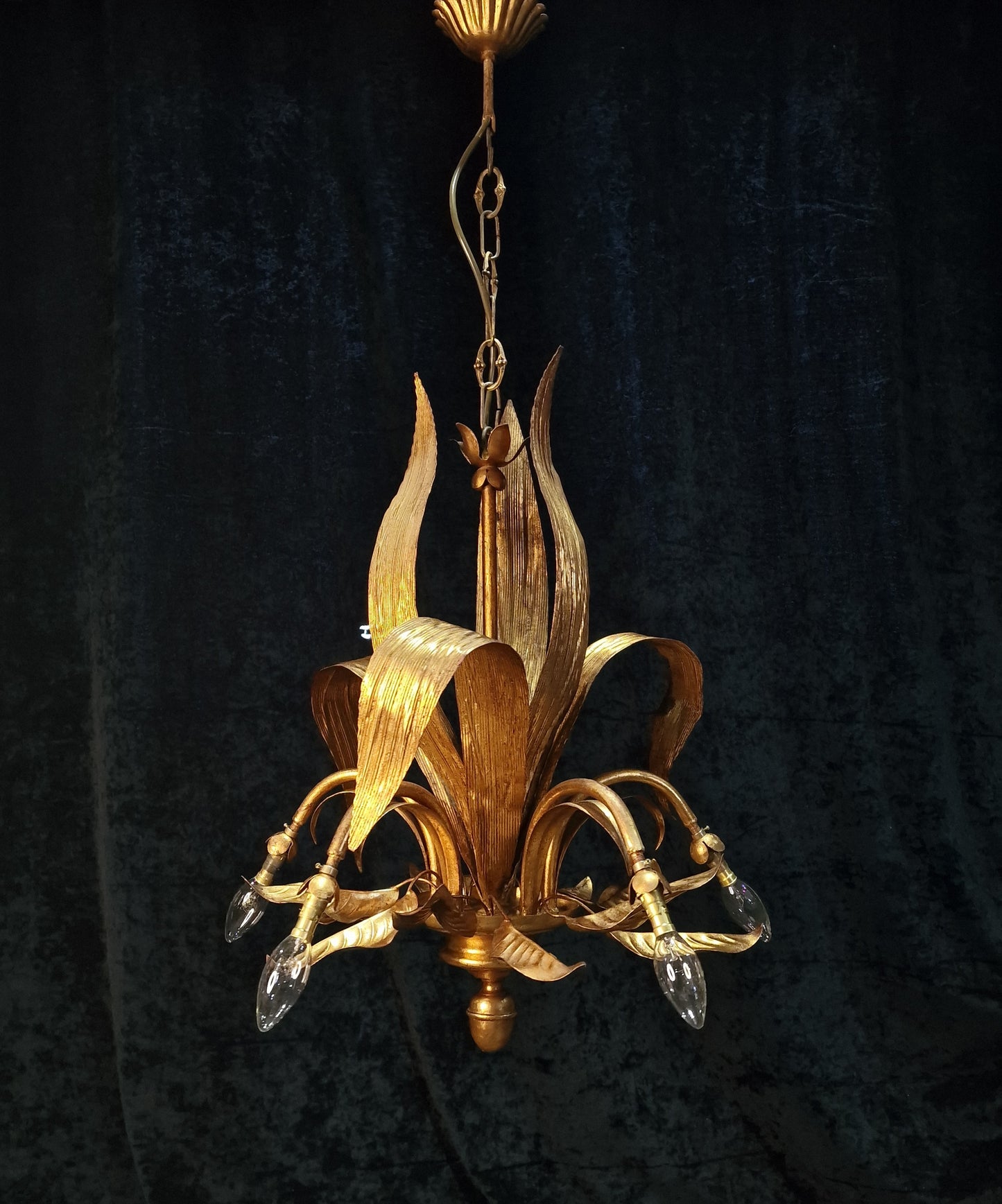 Beautiful Vintage Italian 5 Arm Toleware Palm Leaf Chandelier Light