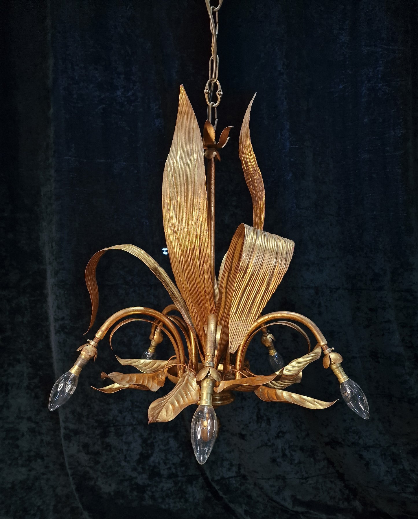 Beautiful Vintage Italian 5 Arm Toleware Palm Leaf Chandelier Light