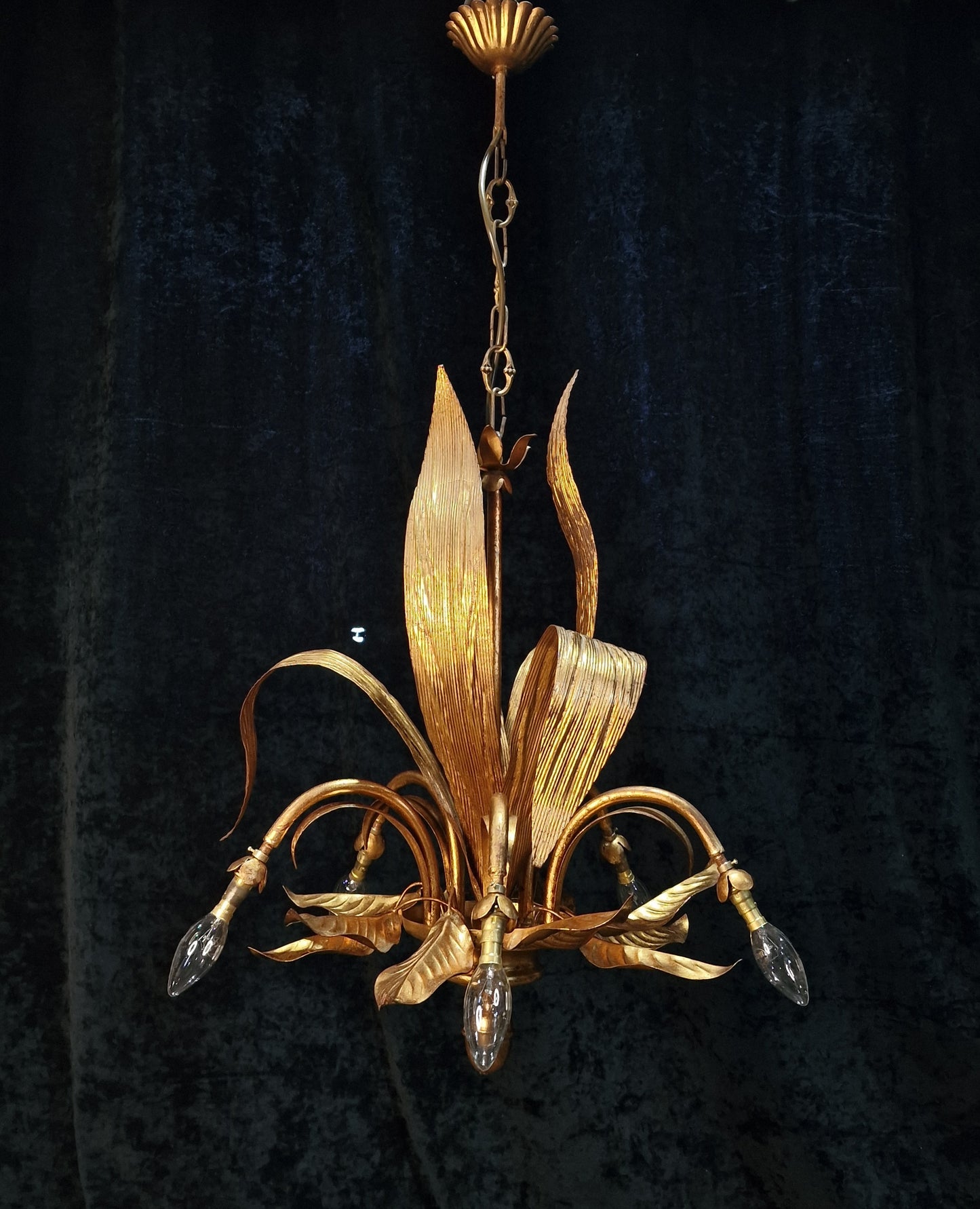 Beautiful Vintage Italian 5 Arm Toleware Palm Leaf Chandelier Light