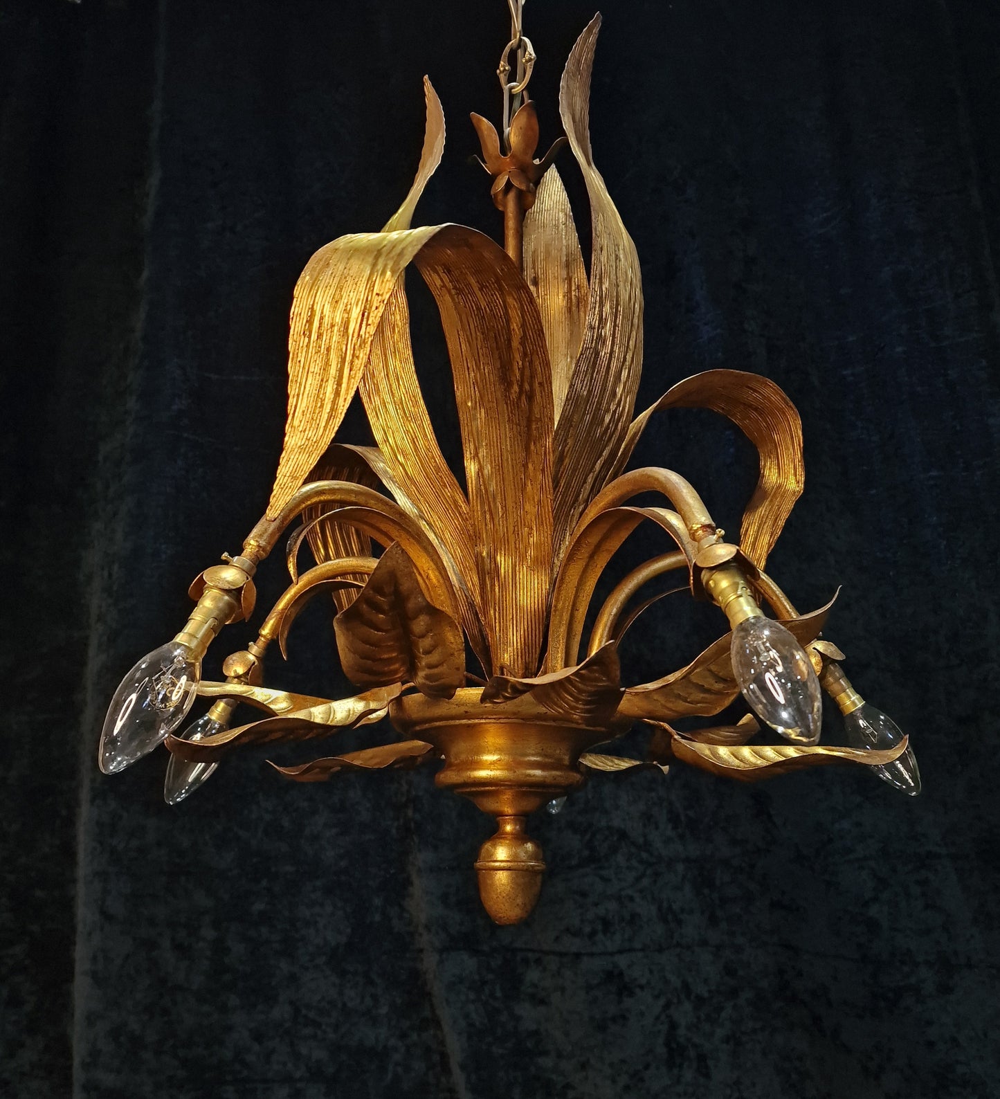 Beautiful Vintage Italian 5 Arm Toleware Palm Leaf Chandelier Light