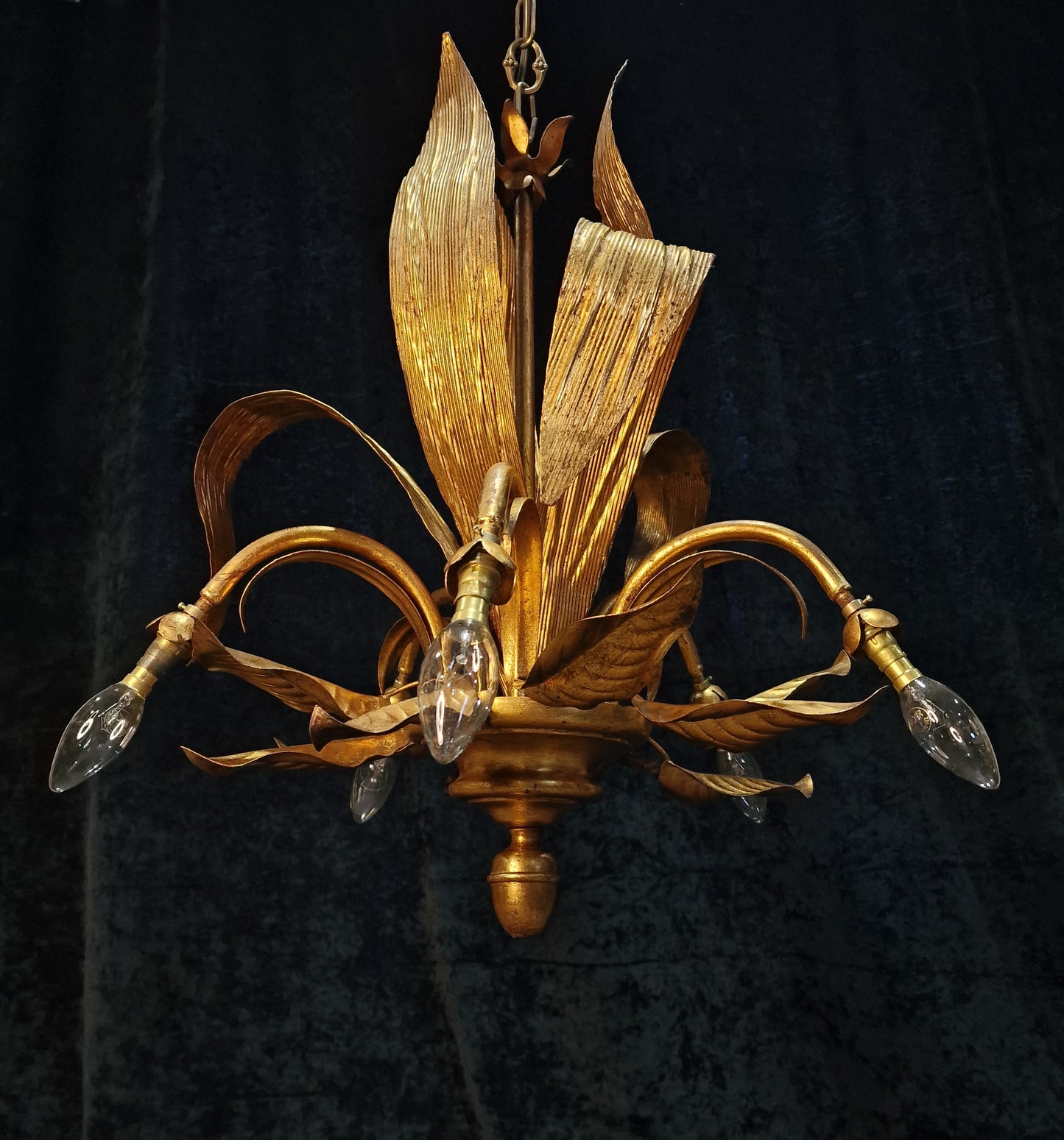Beautiful Vintage Italian 5 Arm Toleware Palm Leaf Chandelier Light