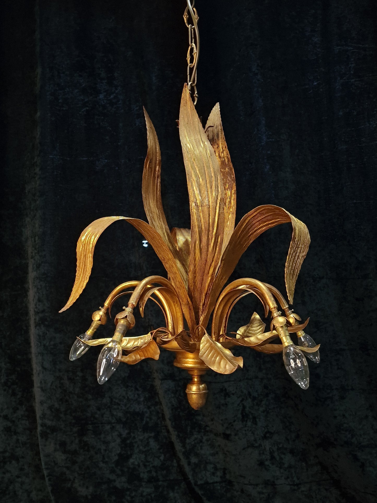 Beautiful Vintage Italian 5 Arm Toleware Palm Leaf Chandelier Light