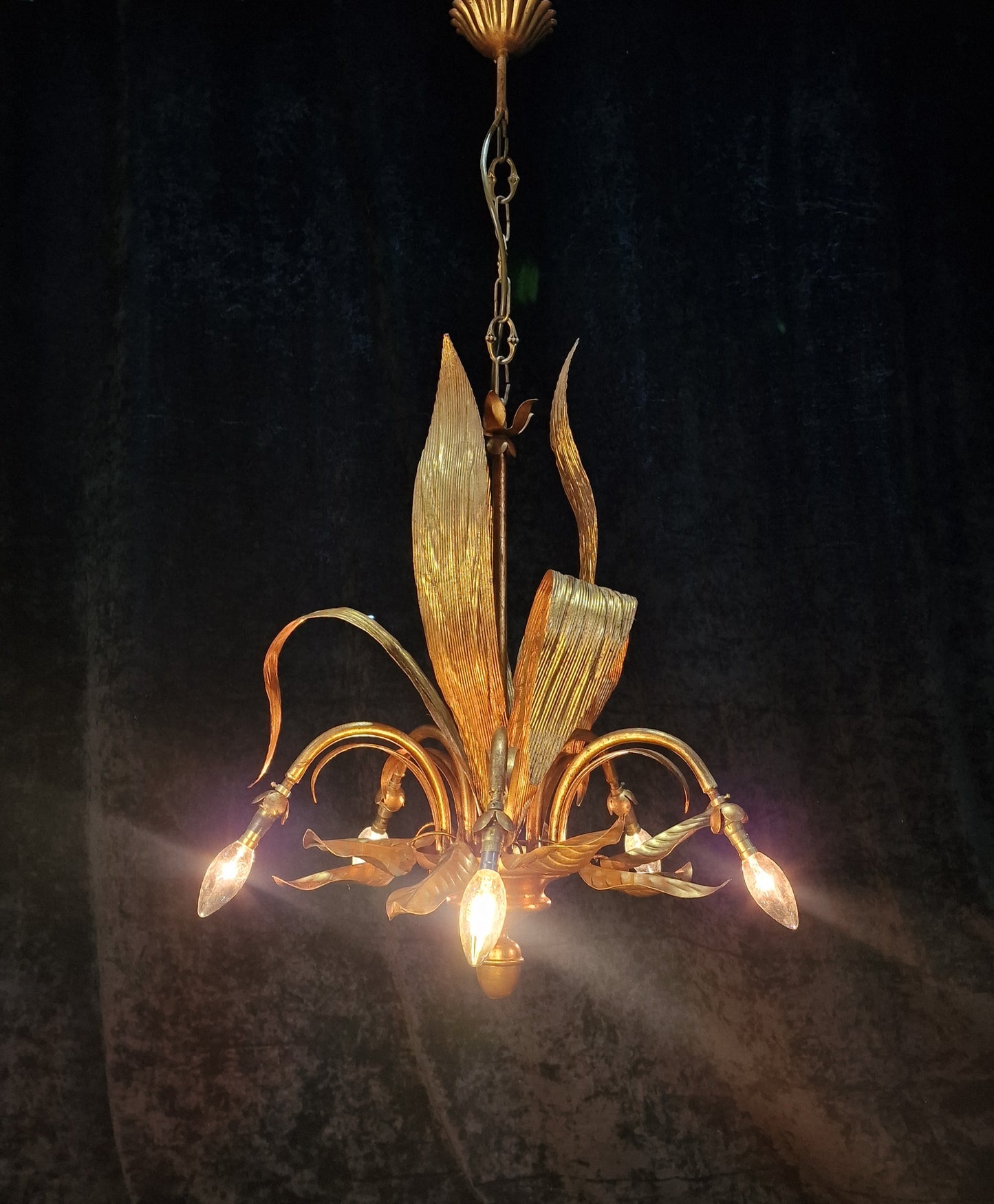 Beautiful Vintage Italian 5 Arm Toleware Palm Leaf Chandelier Light
