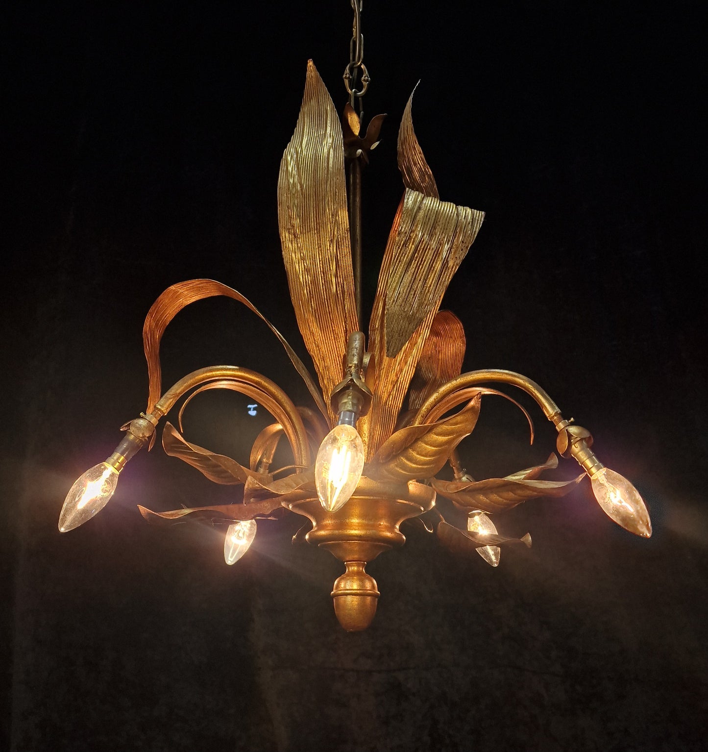 Beautiful Vintage Italian 5 Arm Toleware Palm Leaf Chandelier Light