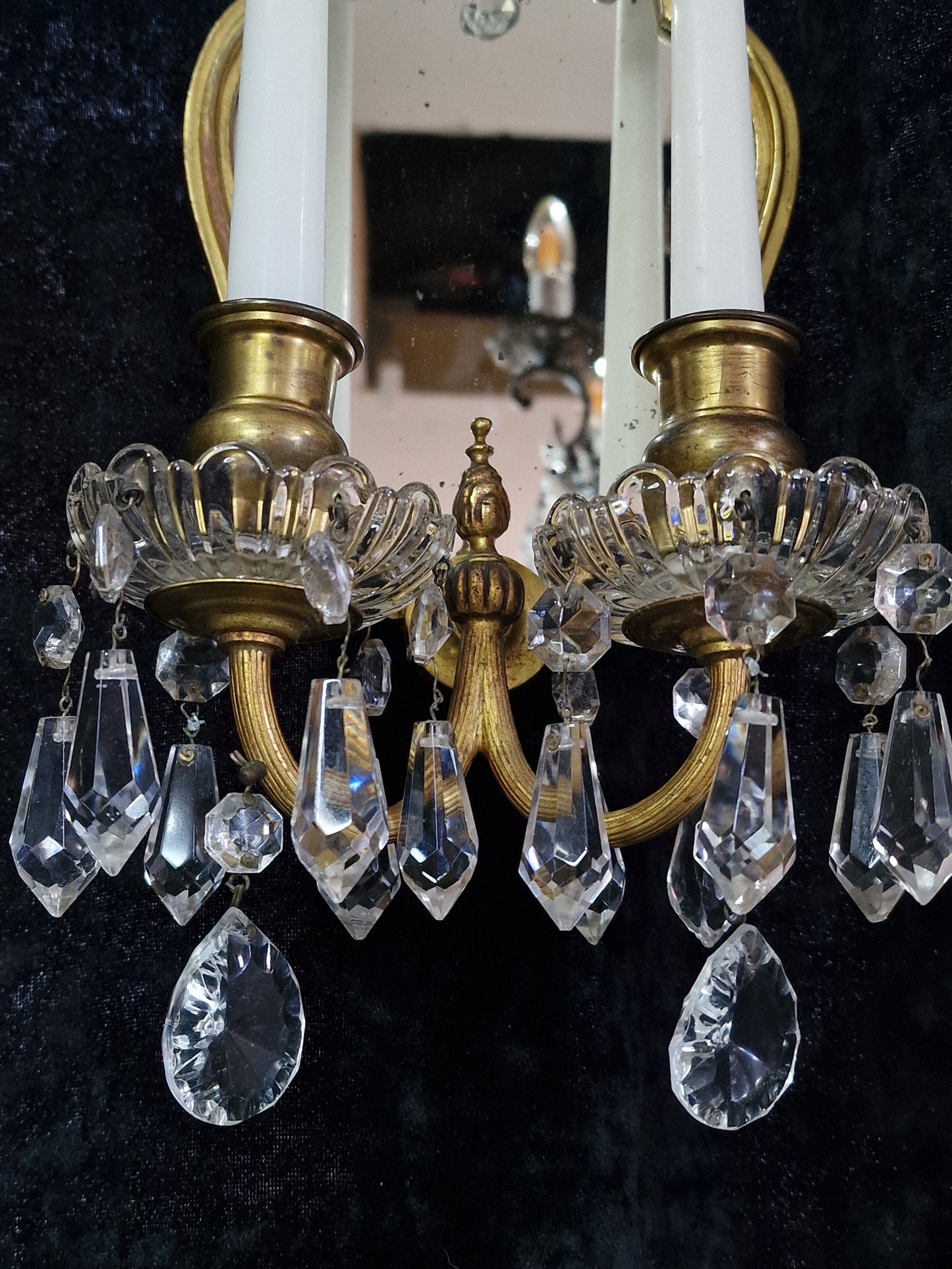 Gorgeous Pair Antique French 2 Arm Brass Crystal Candle Mirror Wall Sconces