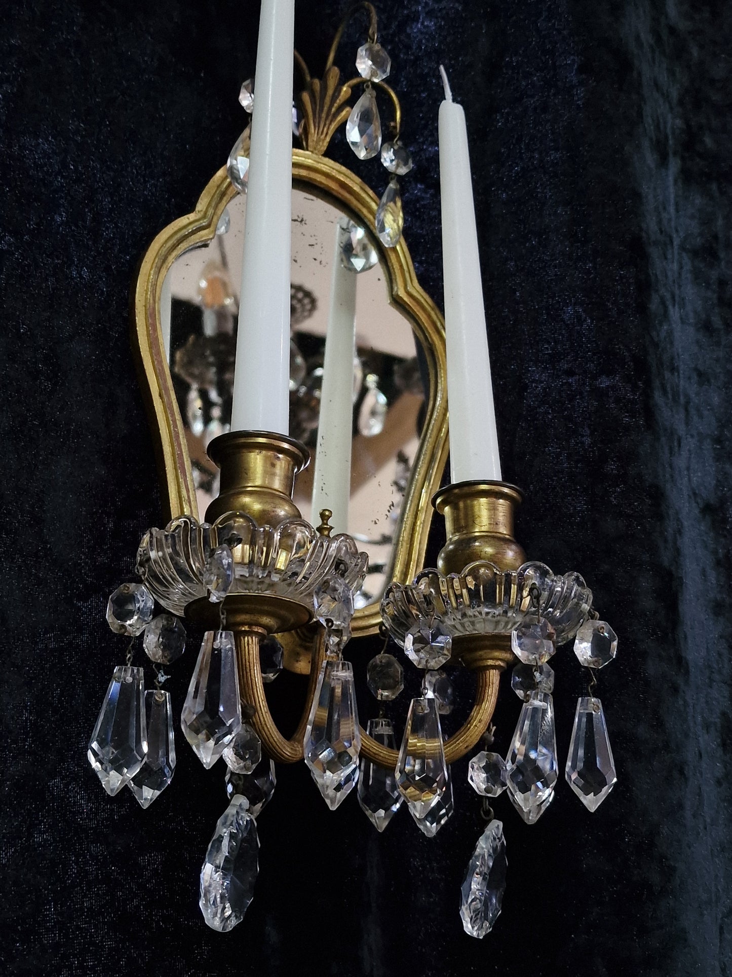 Gorgeous Pair Antique French 2 Arm Brass Crystal Candle Mirror Wall Sconces