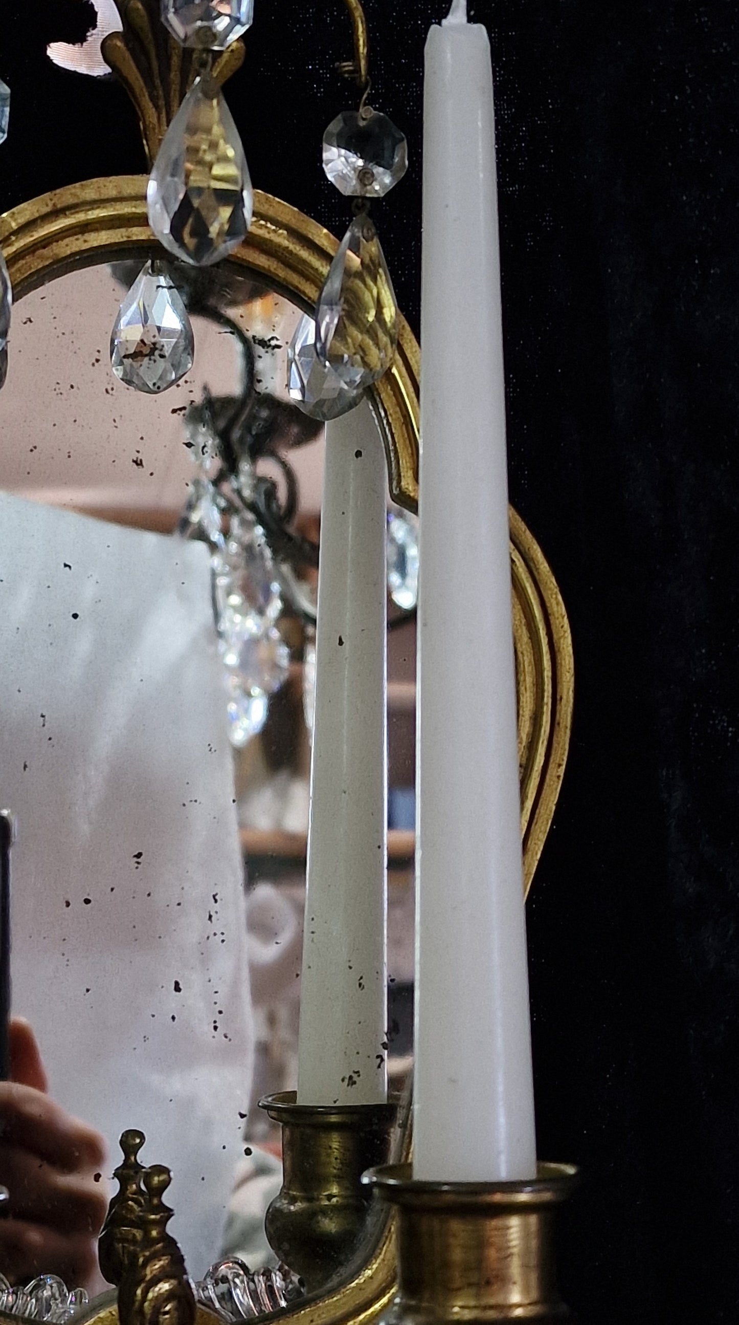 Gorgeous Pair Antique French 2 Arm Brass Crystal Candle Mirror Wall Sconces