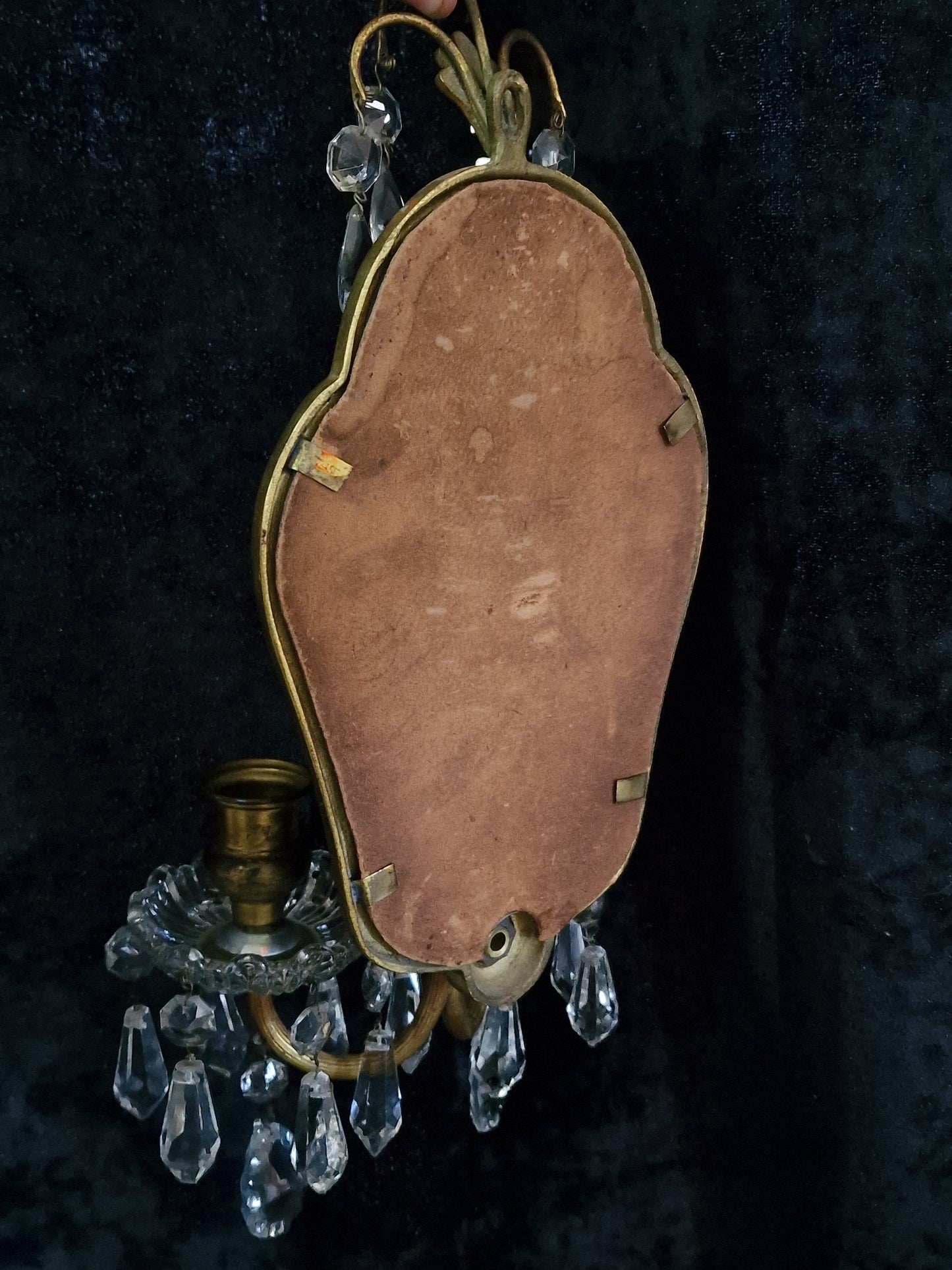 Gorgeous Pair Antique French 2 Arm Brass Crystal Candle Mirror Wall Sconces