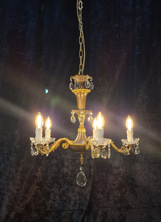 Decorative Vintage Italian 5 Arm Brass and Crystal Chandelier Ceiling Light