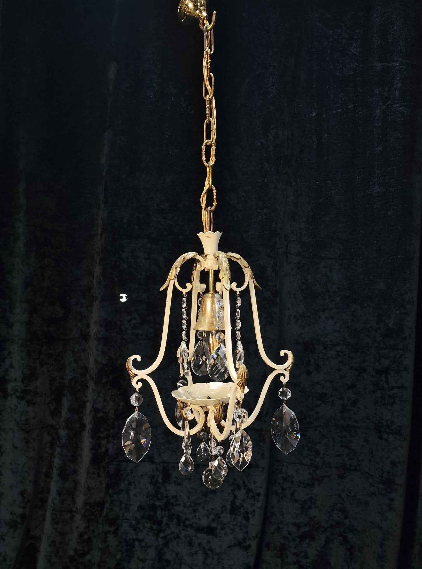 Lovely Vintage Italian 1 Light Iron Caged Cream and Gilded Crystal Chandelier