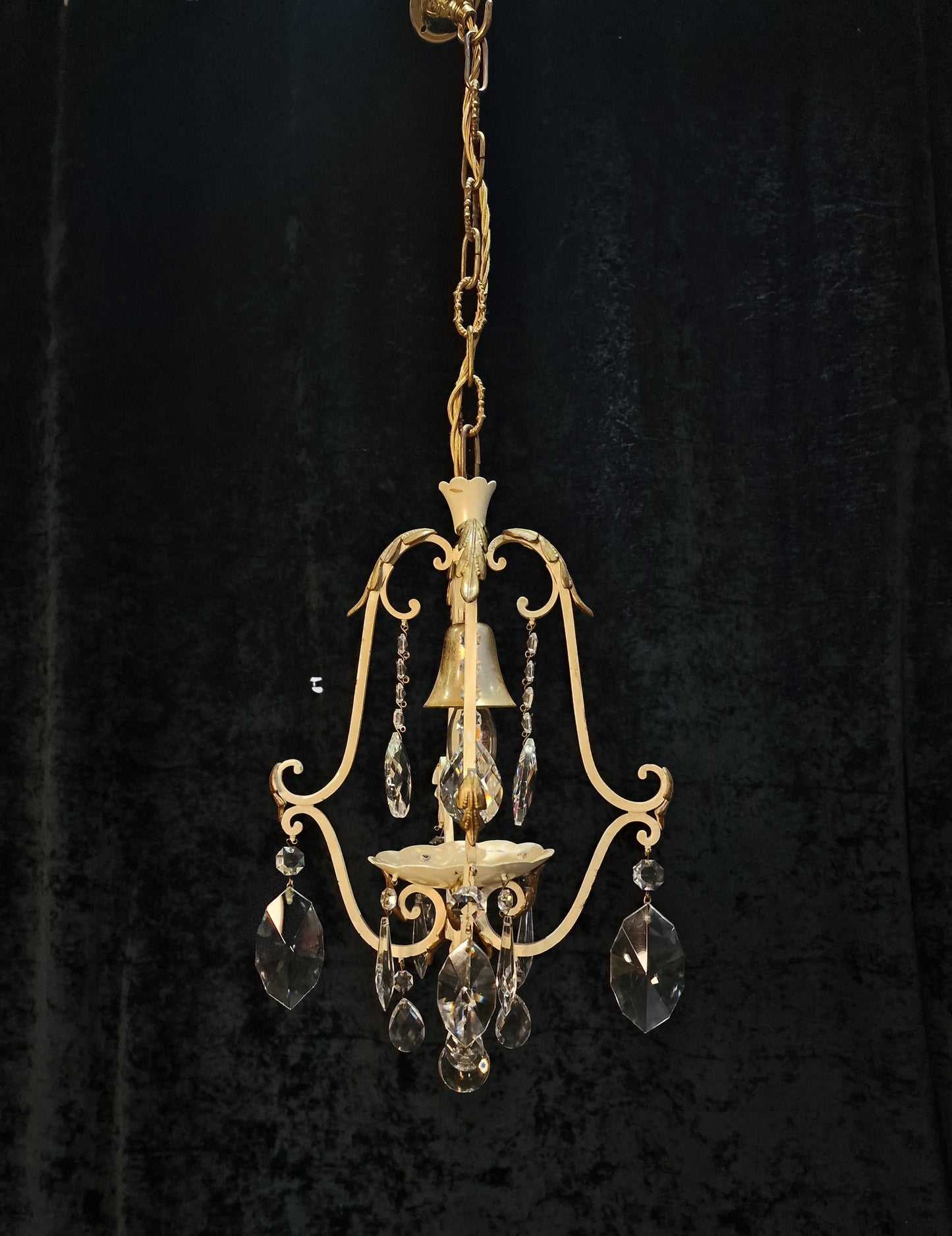 Lovely Vintage Italian 1 Light Iron Caged Cream and Gilded Crystal Chandelier