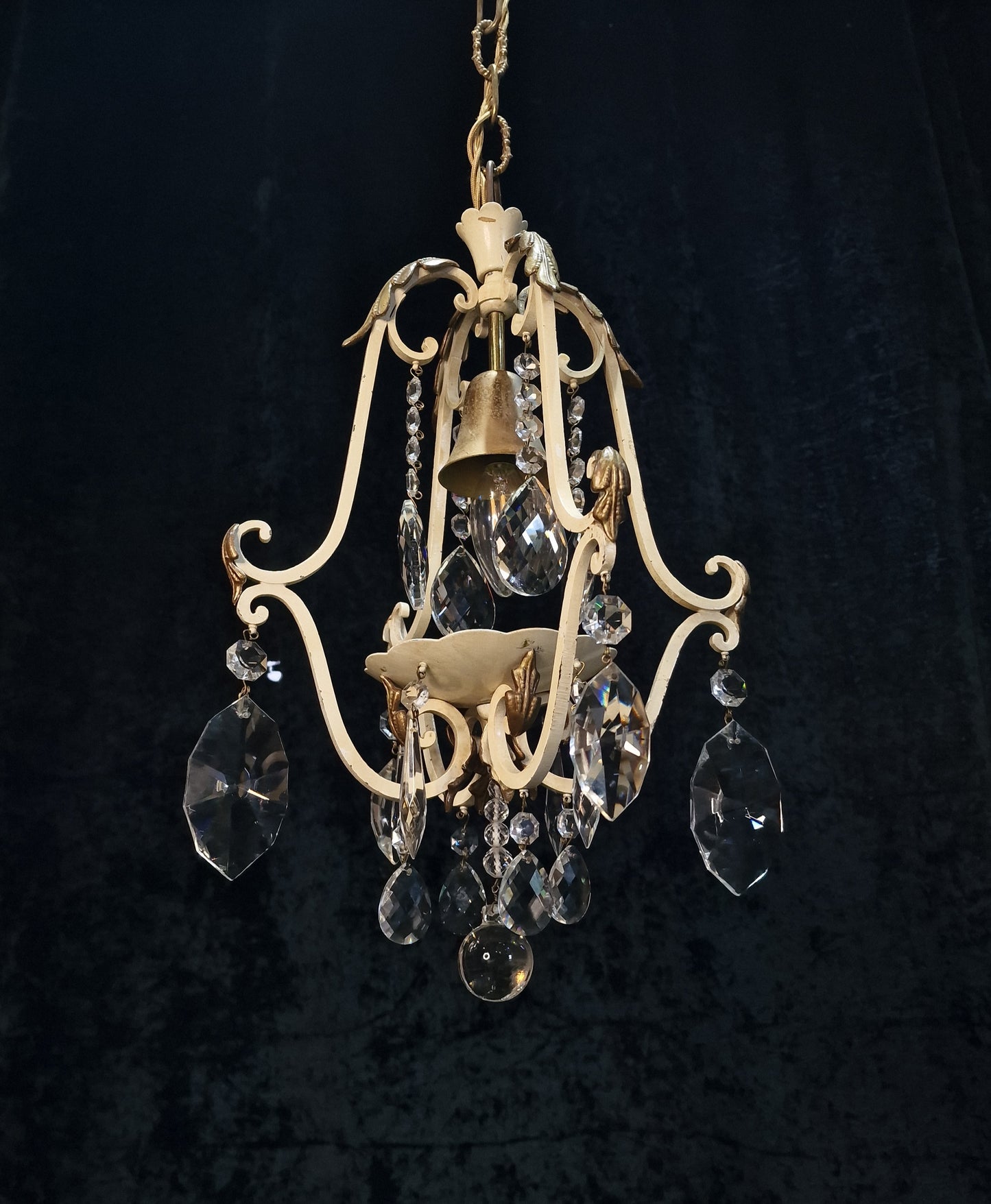 Lovely Vintage Italian 1 Light Iron Caged Cream and Gilded Crystal Chandelier