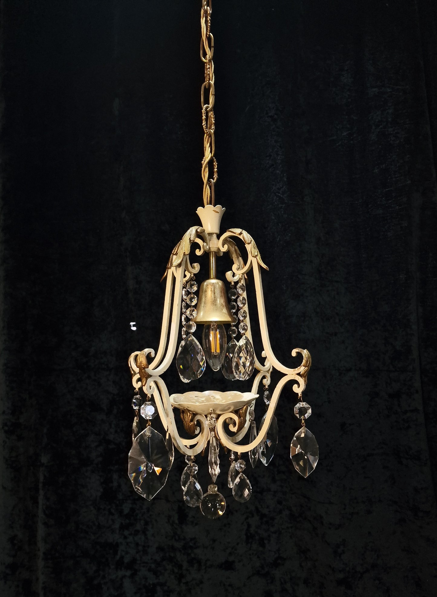 Lovely Vintage Italian 1 Light Iron Caged Cream and Gilded Crystal Chandelier