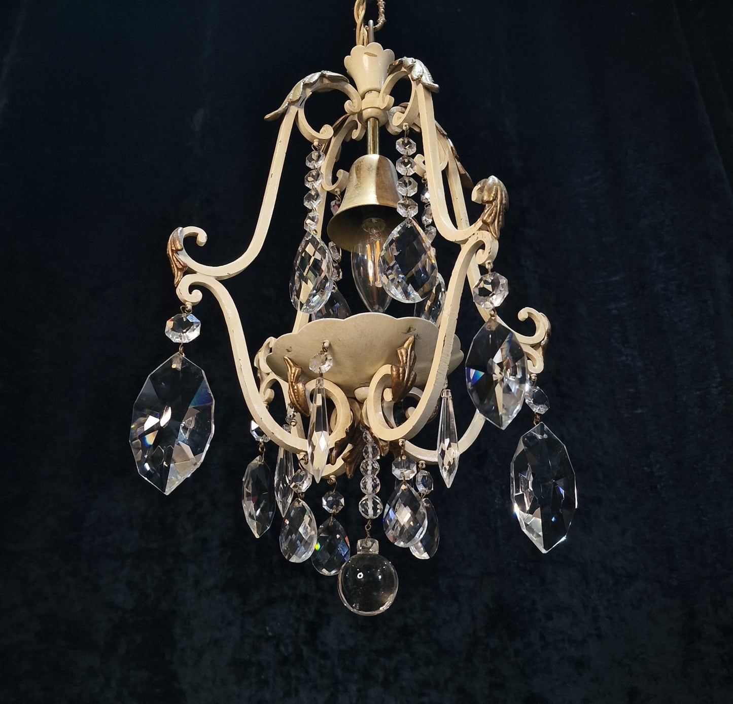 Lovely Vintage Italian 1 Light Iron Caged Cream and Gilded Crystal Chandelier