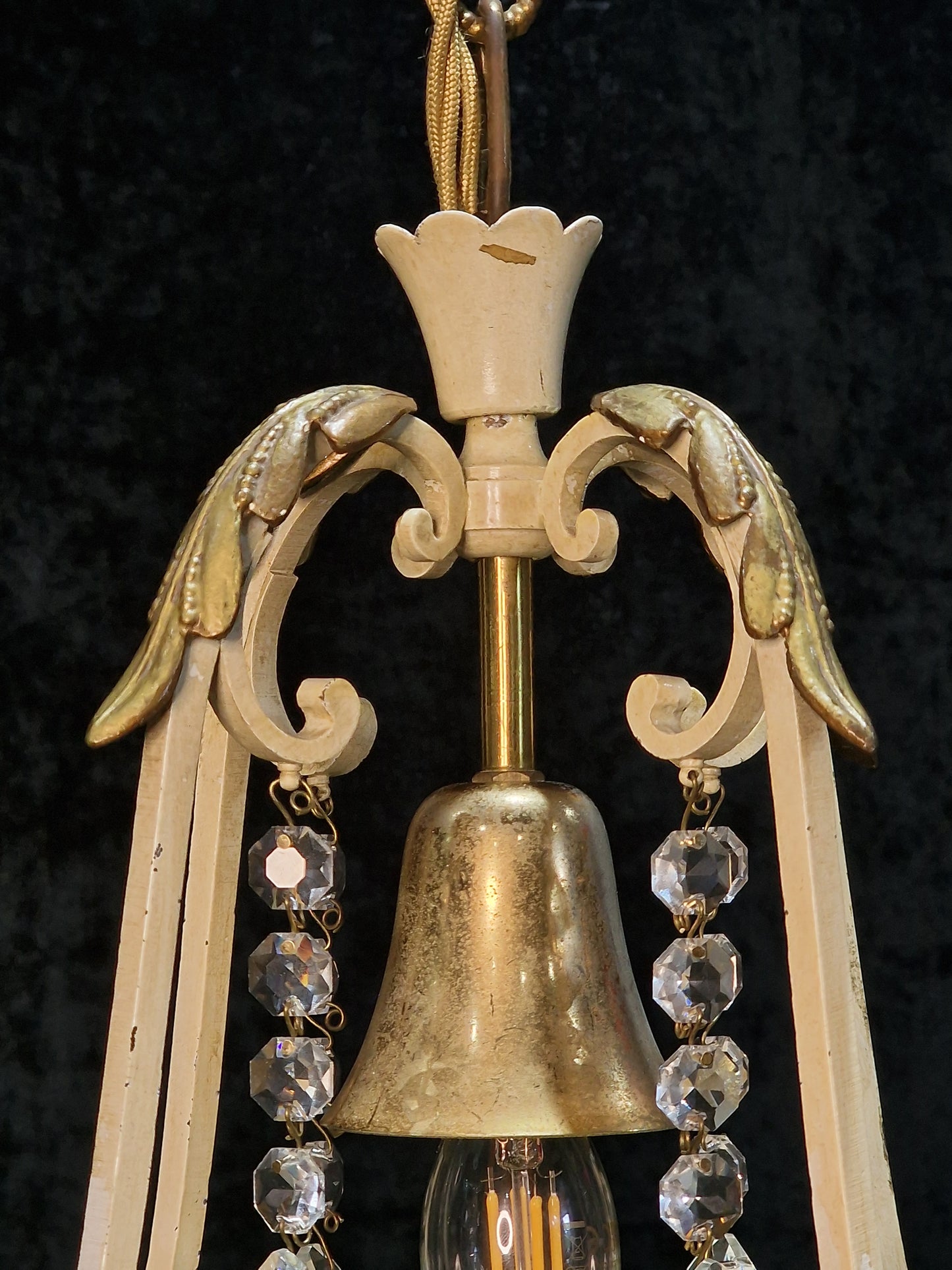 Lovely Vintage Italian 1 Light Iron Caged Cream and Gilded Crystal Chandelier