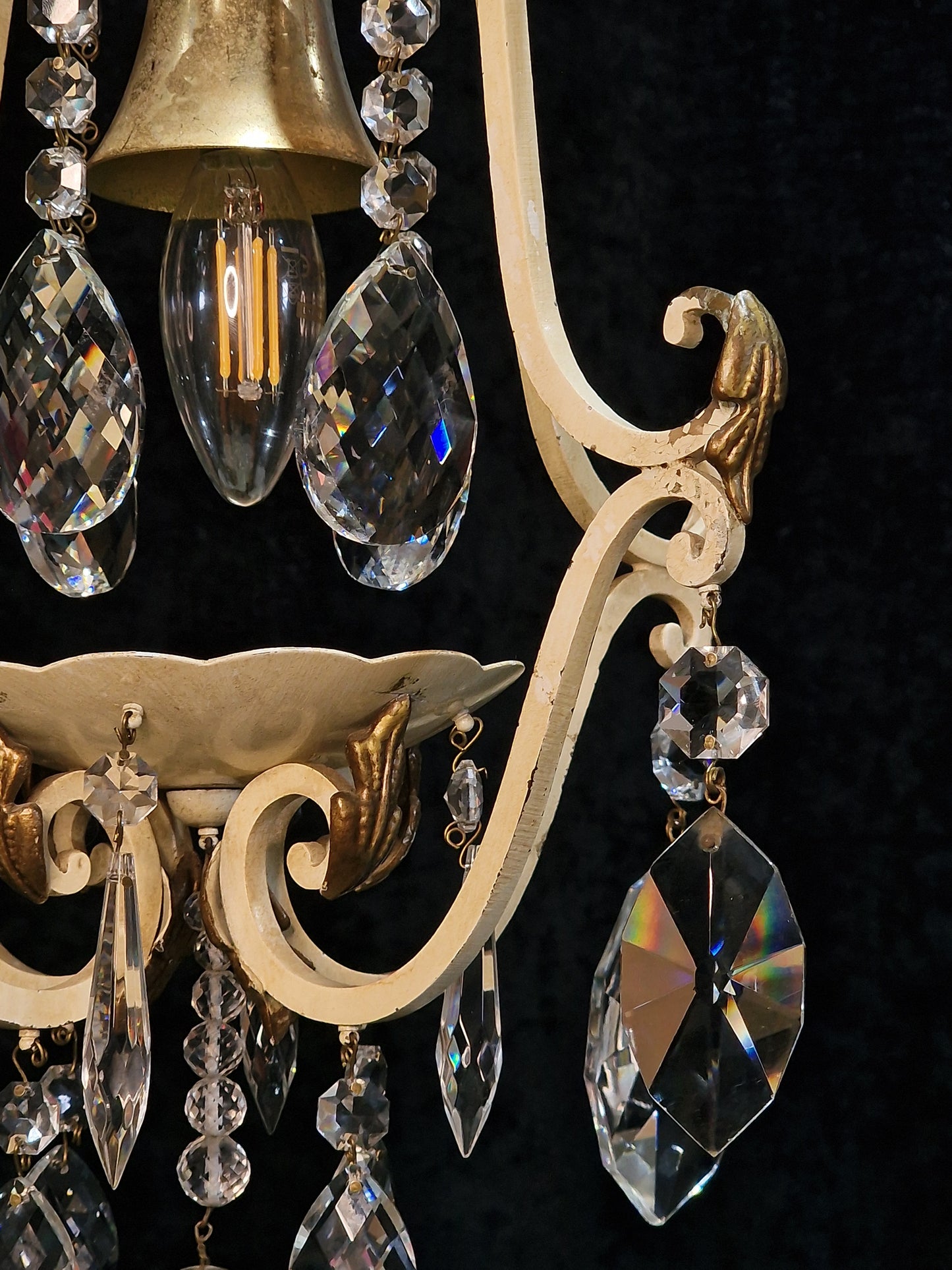 Lovely Vintage Italian 1 Light Iron Caged Cream and Gilded Crystal Chandelier