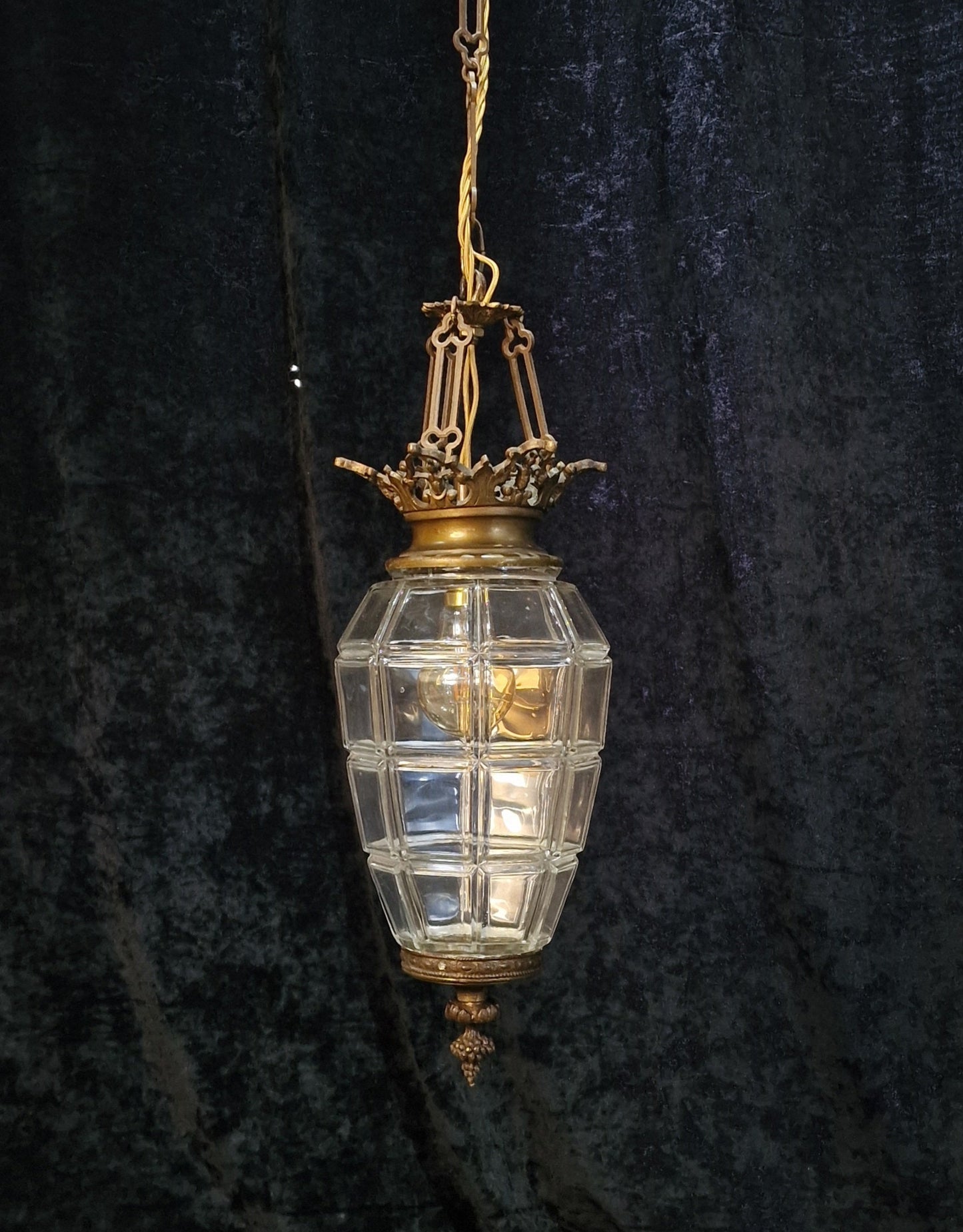 Beautiful Antique French 1 Light Geometric Glass Brass Lantern Ceiling Light
