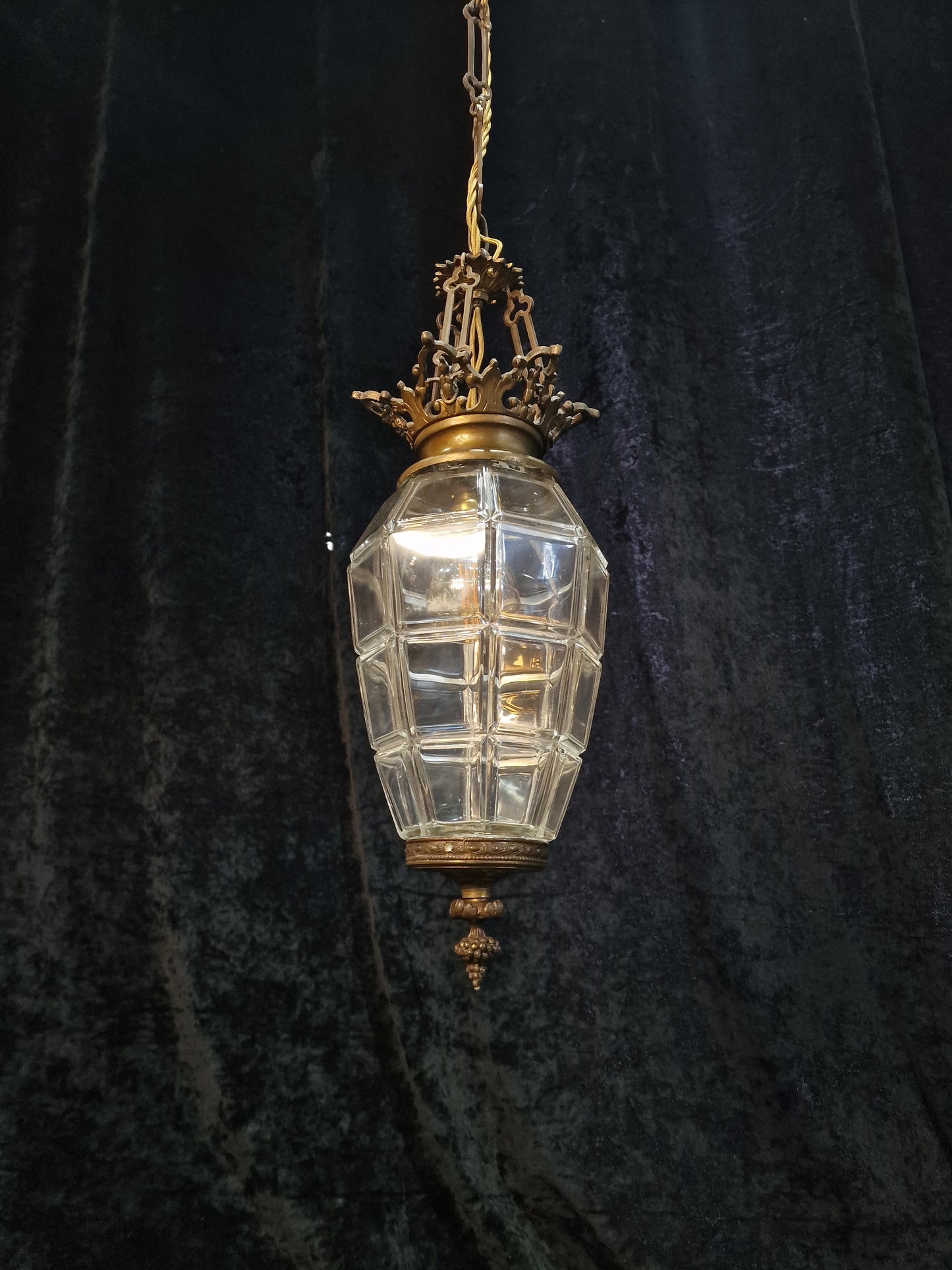 Beautiful Antique French 1 Light Geometric Glass Brass Lantern Ceiling Light