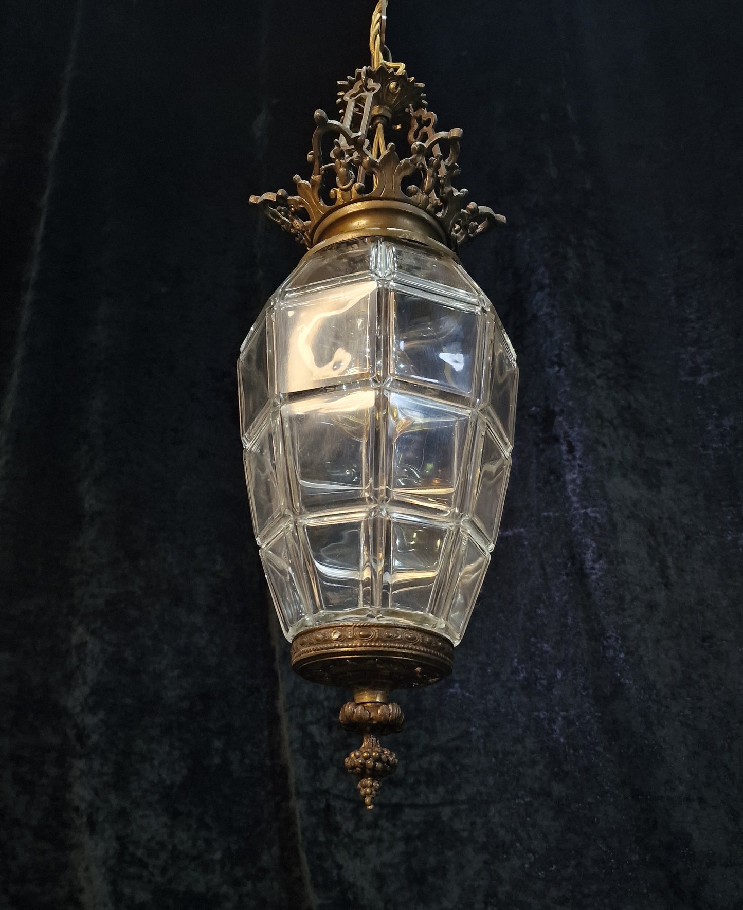 Beautiful Antique French 1 Light Geometric Glass Brass Lantern Ceiling Light