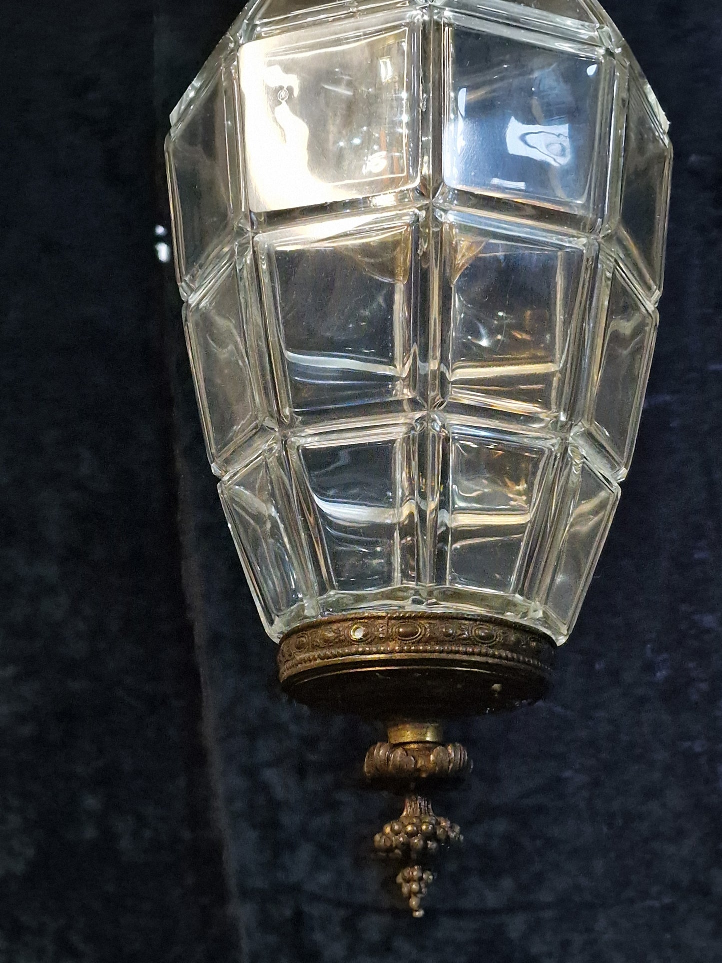 Beautiful Antique French 1 Light Geometric Glass Brass Lantern Ceiling Light