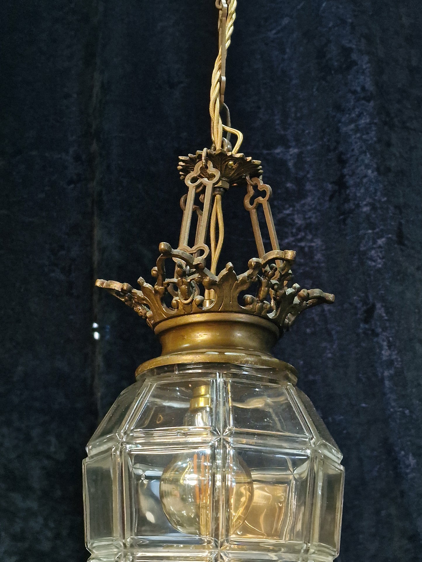 Beautiful Antique French 1 Light Geometric Glass Brass Lantern Ceiling Light
