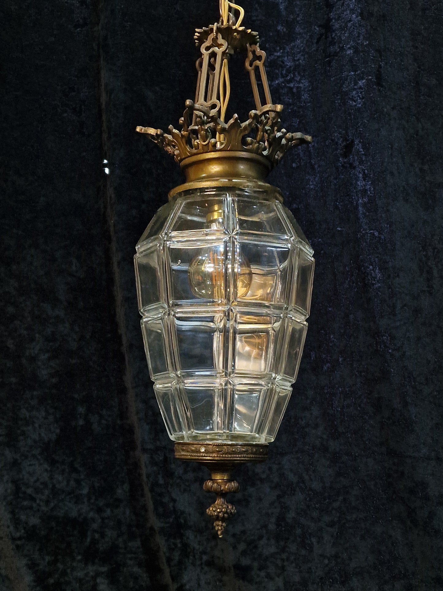 Beautiful Antique French 1 Light Geometric Glass Brass Lantern Ceiling Light