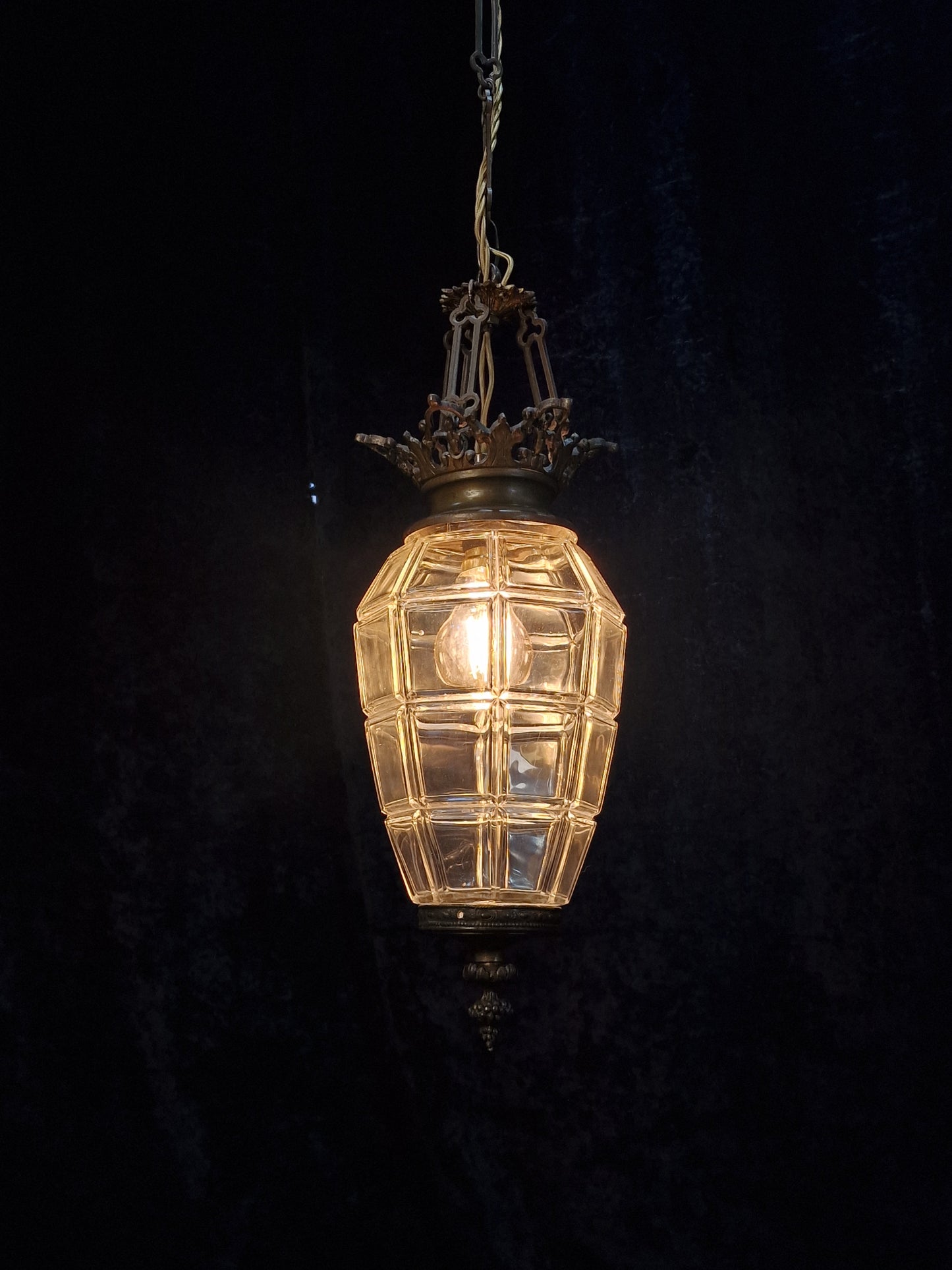 Beautiful Antique French 1 Light Geometric Glass Brass Lantern Ceiling Light