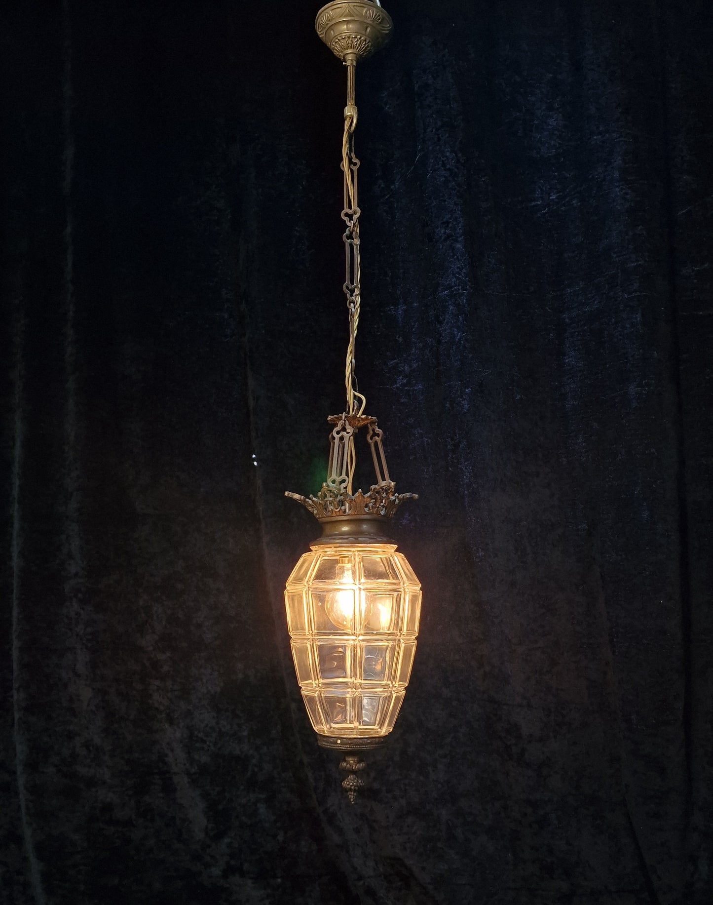 Beautiful Antique French 1 Light Geometric Glass Brass Lantern Ceiling Light