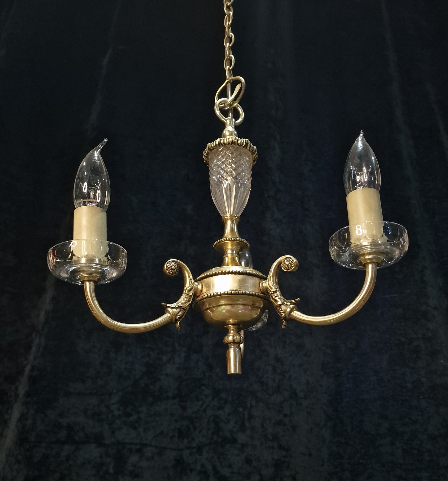 Lovely Vintage Silvered Nickle Plated Crystal Glass 3 Arm Chandelier Light