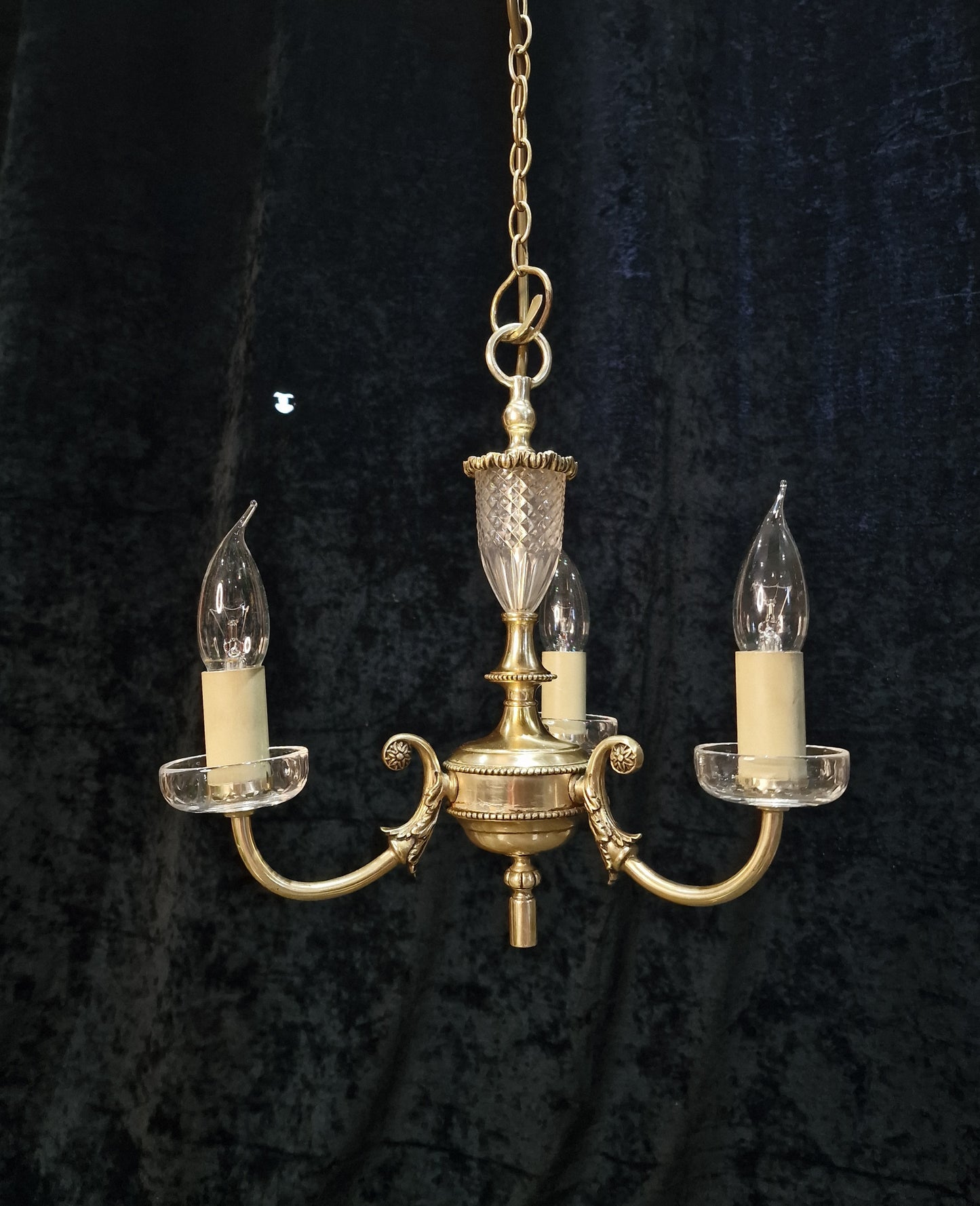 Lovely Vintage Silvered Nickle Plated Crystal Glass 3 Arm Chandelier Light