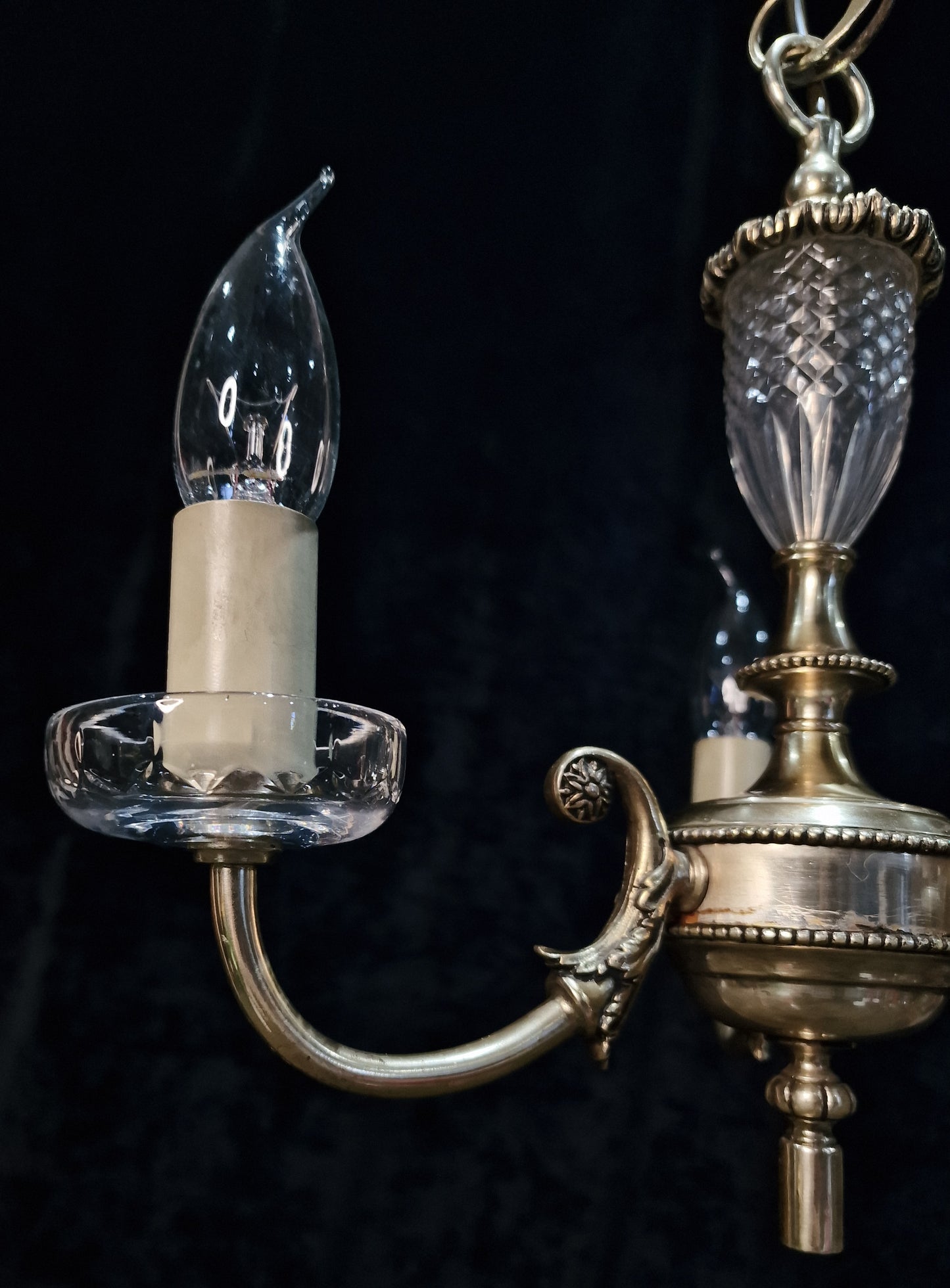 Lovely Vintage Silvered Nickle Plated Crystal Glass 3 Arm Chandelier Light