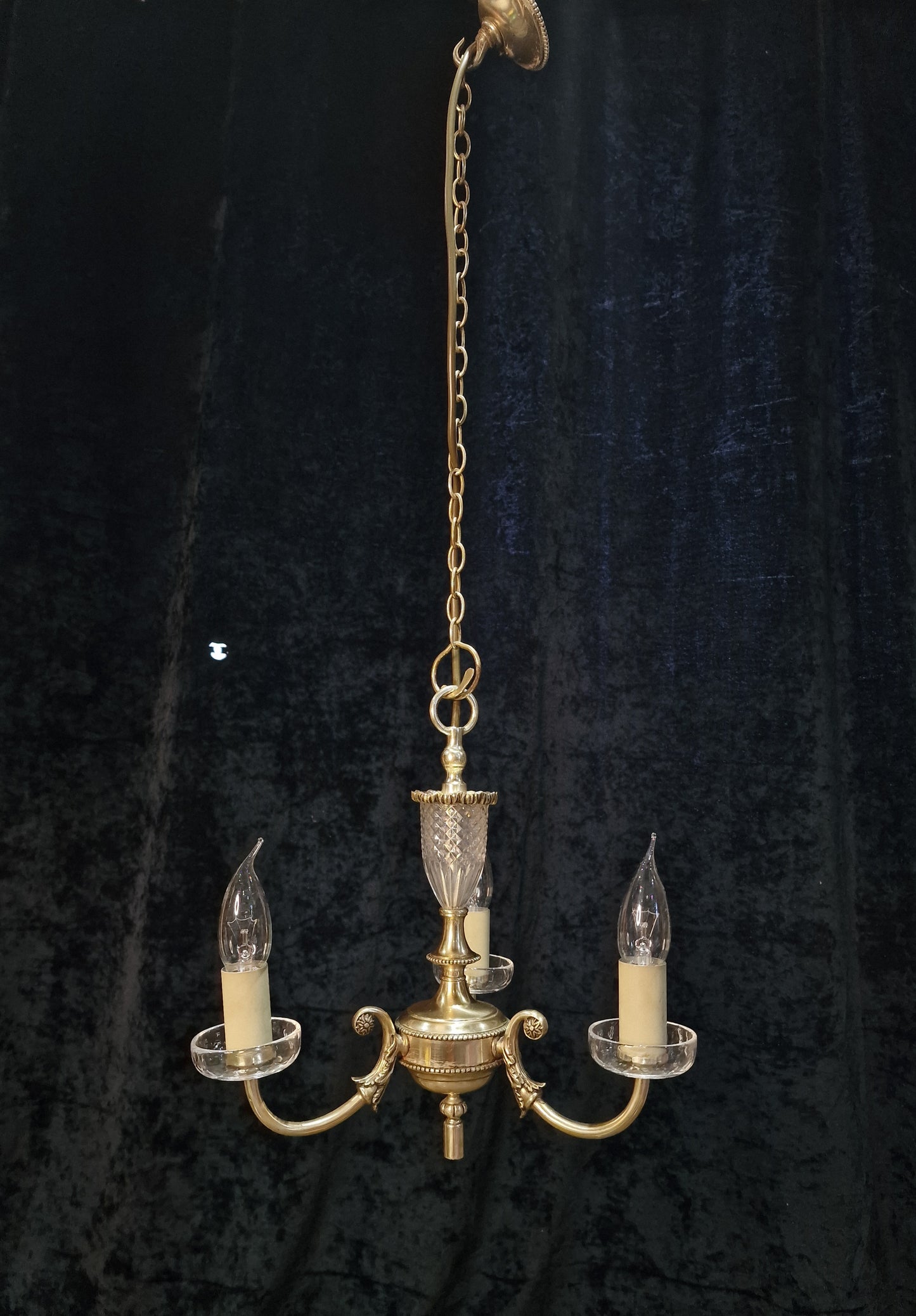 Lovely Vintage Silvered Nickle Plated Crystal Glass 3 Arm Chandelier Light