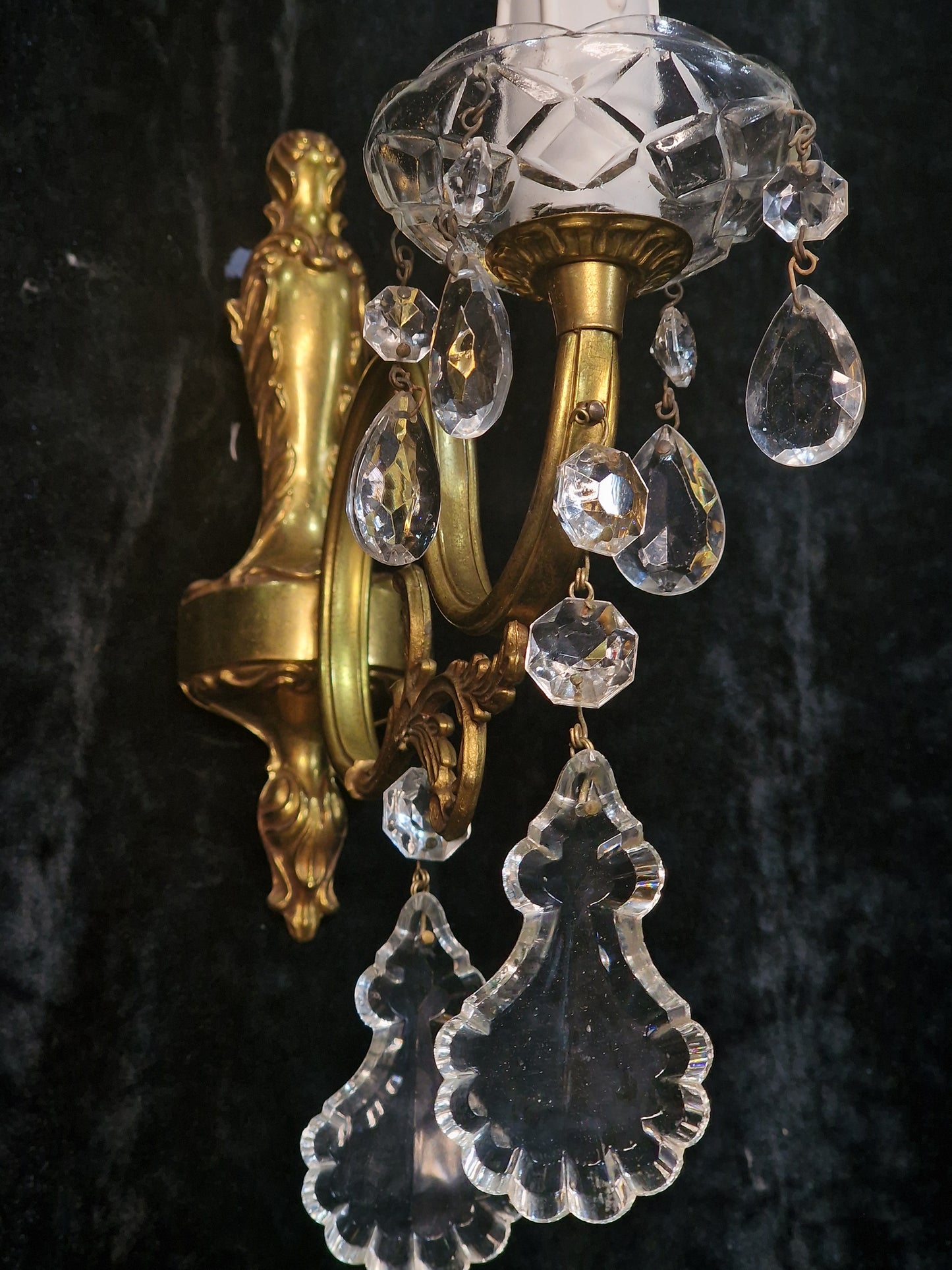Lovely Pair of Vintage French Leaf Brass Crystal 1 Arm Wall Lights Sconces